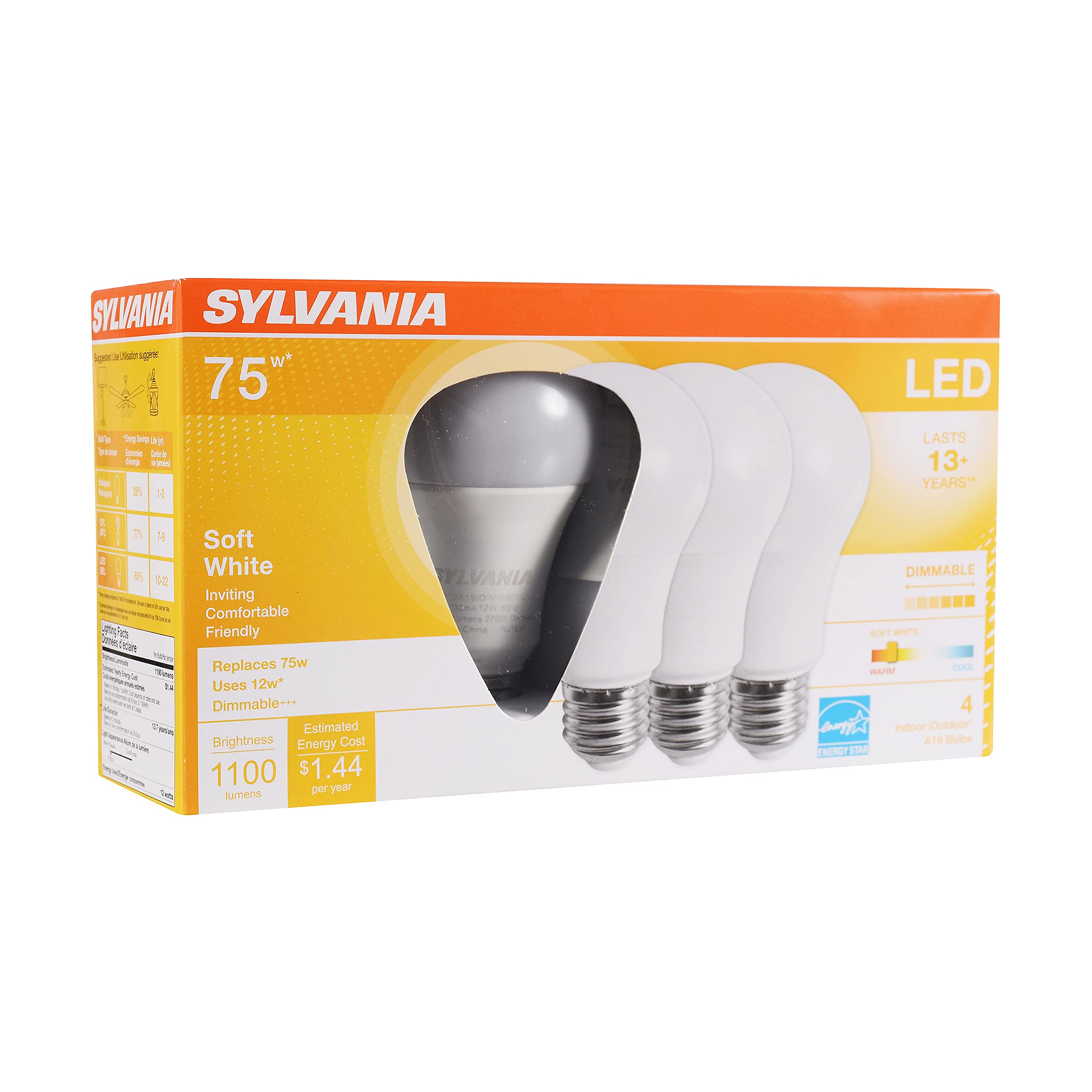 Sylvania A19 Ultra Led Light Bulb, 12W, 75W Equivalent, 13 Year, Dimmable, 1100 Lumens, 2700K, Soft White - 4 Pack (74425)