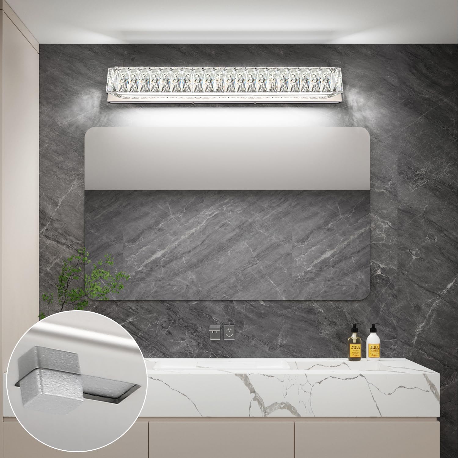 ZUZITO 30in LED Bathroom Lights - Modern Crystal Vanity Wall Lighting, Dimmable, Chrome Finish, Model 7500-760mm-6200k-5CCT