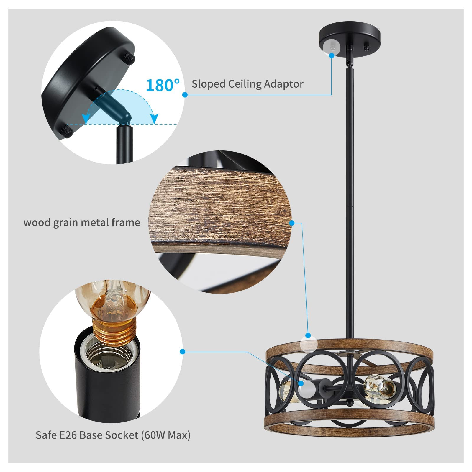 Xingqi Farmhouse Drum Pendant Light Modern 3-Light 13" Chandeliers For Dining Room, Vintage Retro Metal Hanging Light Fixtures For Entryway, Bedroom, Matte Black + Wood Grain Finish