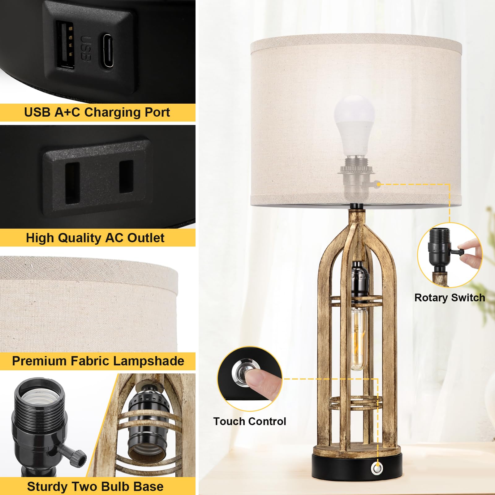 Seealle Table Lamp Set of 2 - 3-Way Dimmable Touch Lamps, D. Oat Shade & Wood-like Body, Model 09164, Farmhouse Design for Living Room