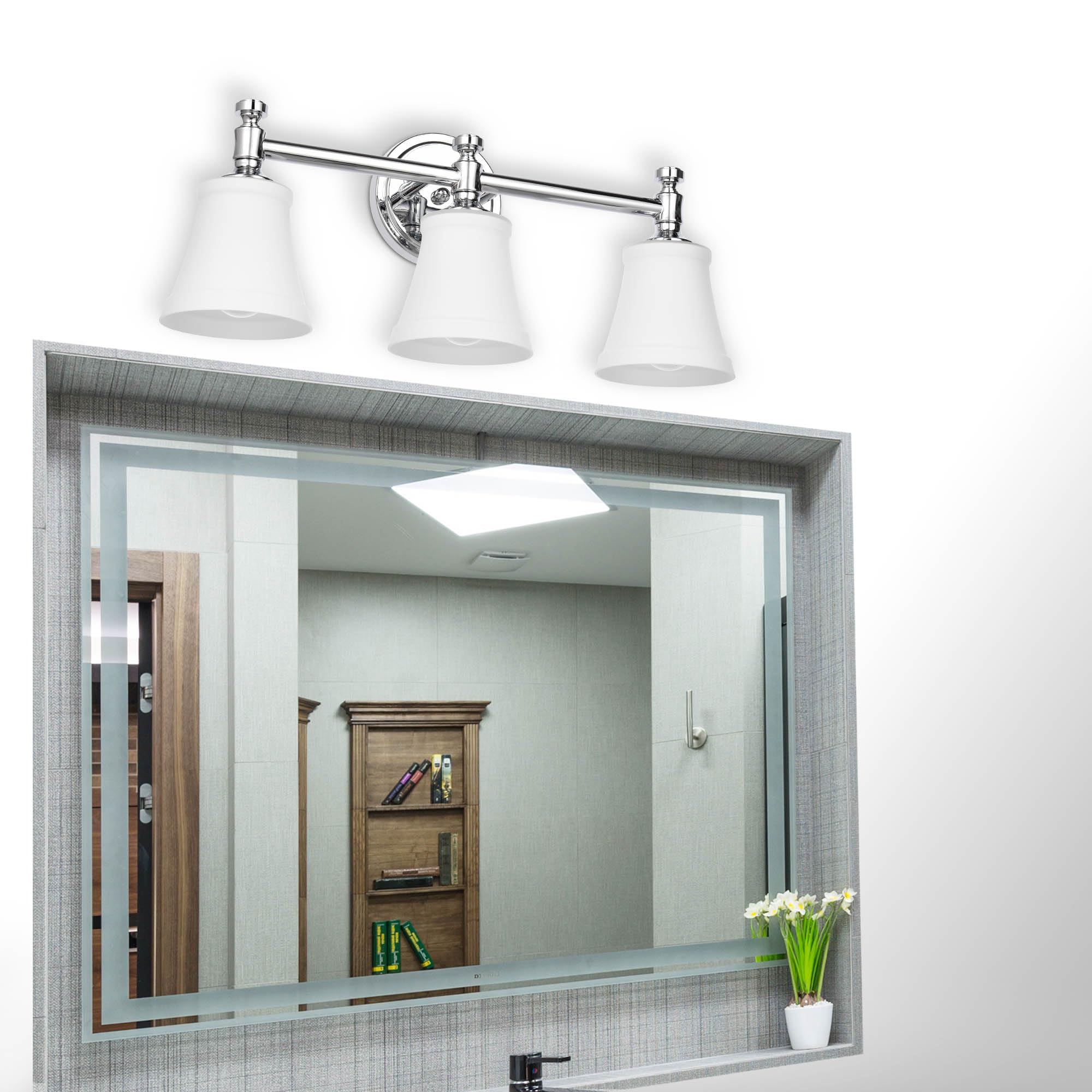 Hanaloa Bathroom Vanity Light Fixtures, Traditional Chrome 3 Lights Wall Sconce Lighting With Opal Glass Shade, Porch Wall Mount Light Fixture For Bathroom, Mirror Cabinets Hallway Stairs