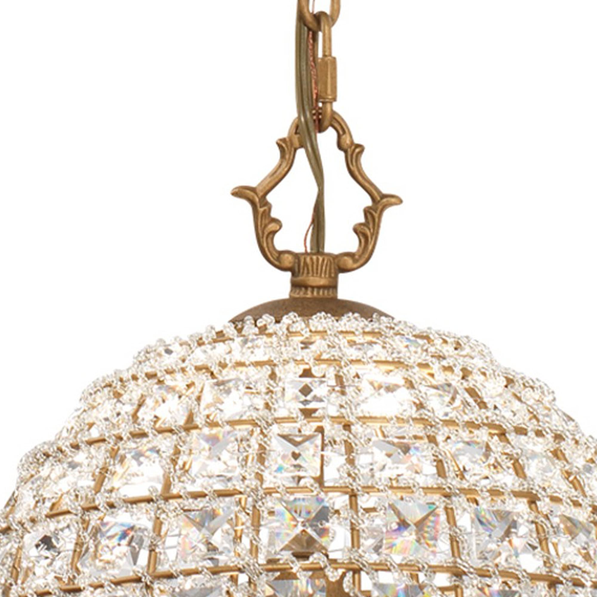 Benjara Light Pendant Chandelier With Dome Metal Frame And Crystal Accents, Gold