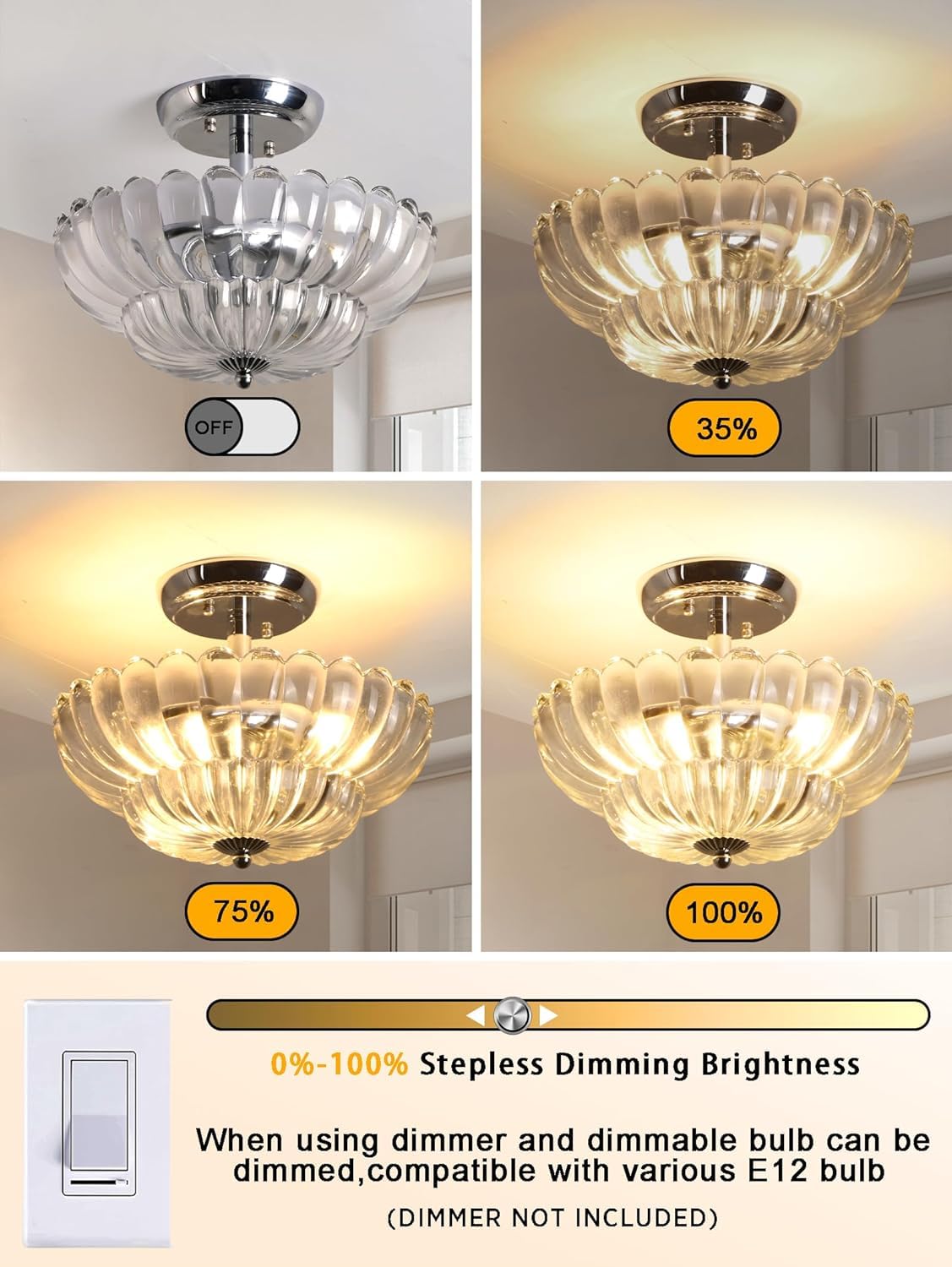 Mgcanyu Semi Flush Mount Glass Ceiling Light, 11.8In 2-Light Modern Chrome Light Fixture Ceiling Mount With Scalloped Clear Glas