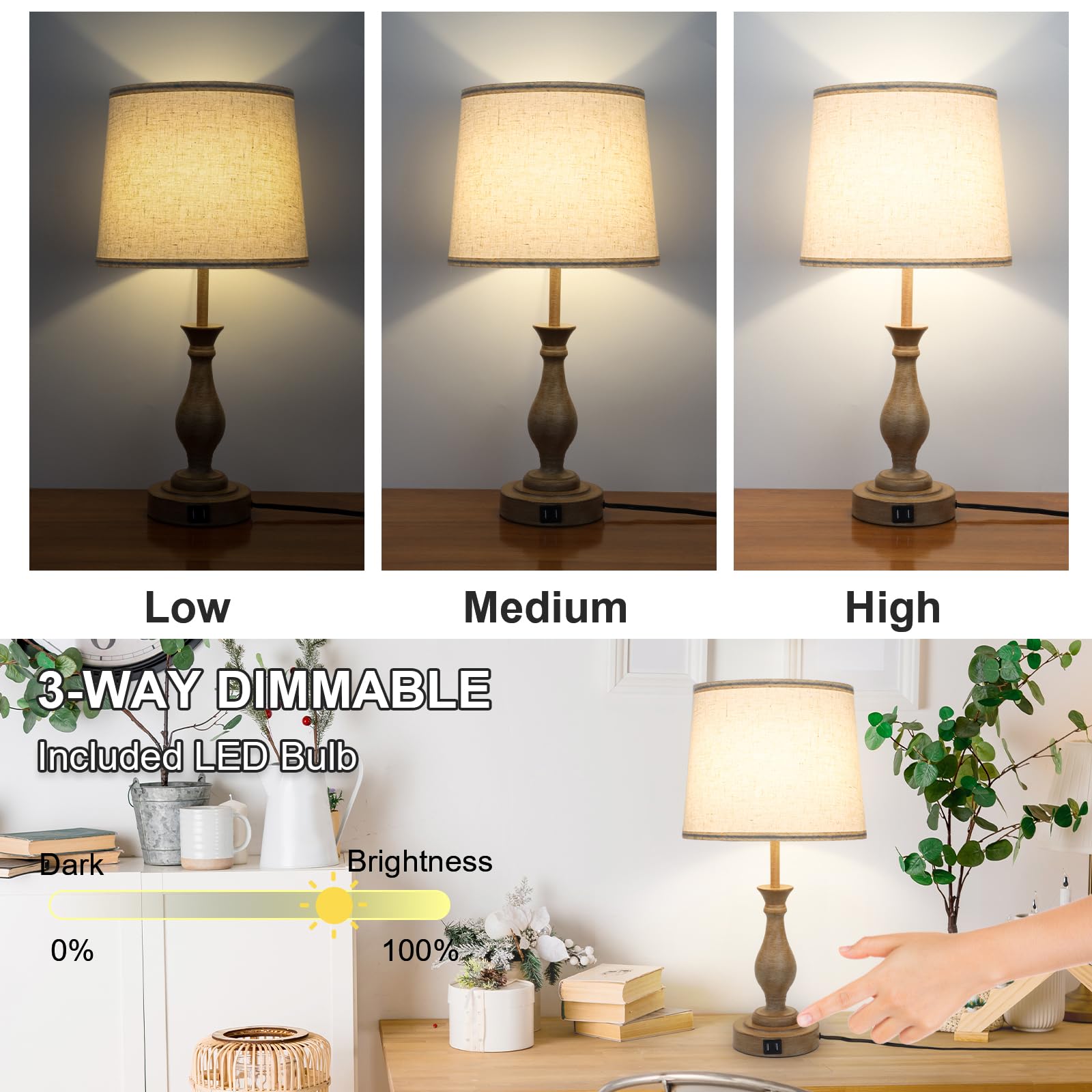 Touch Lamps For Bedrooms Set Of 2, Farmhouse Table Lamp With Dual Usb Charging Ports, 3 Way Dimmable Nightstand Lamps With Linen