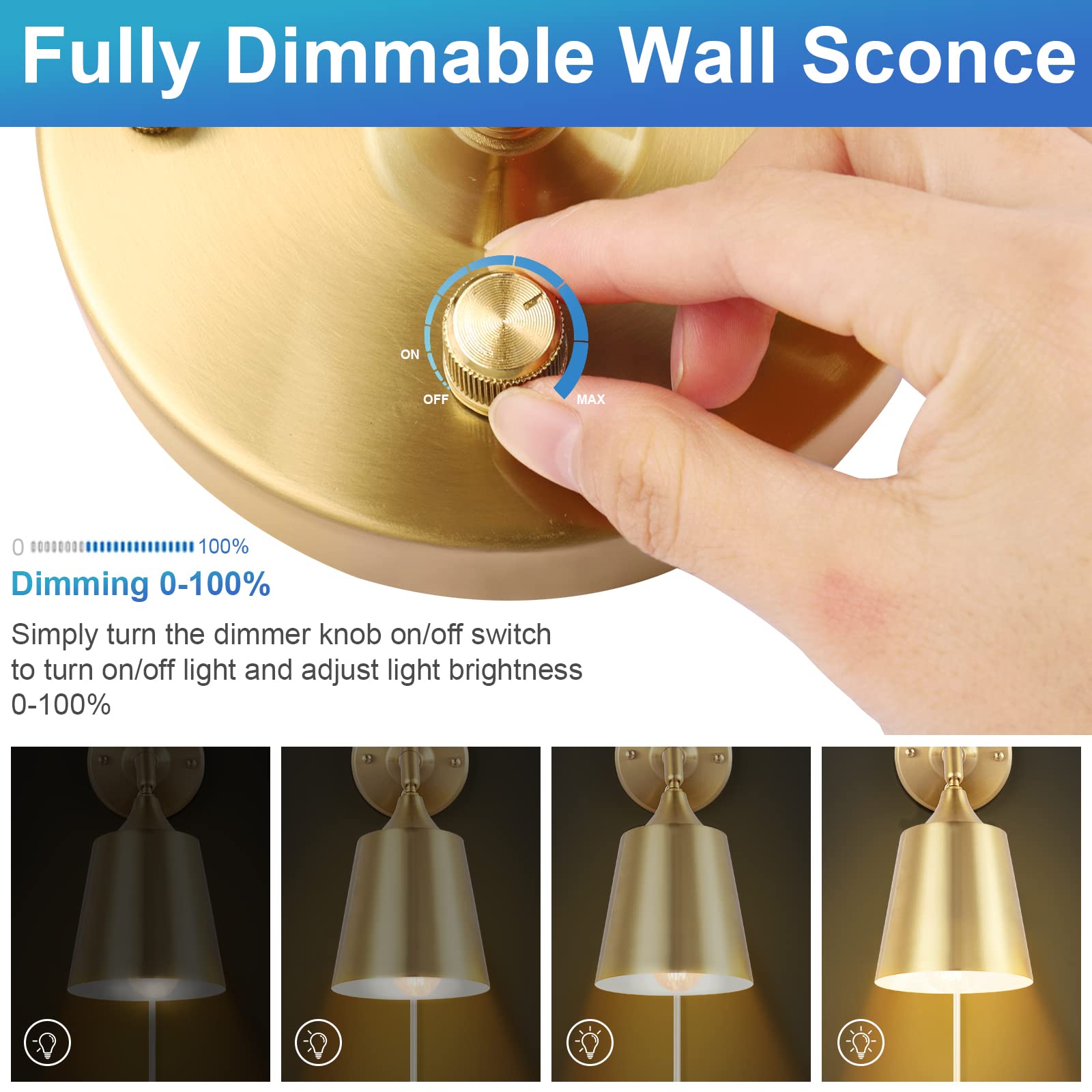 TRLIFE Wall Sconce Plug in, Dimmable Wall Sconces Adjustable Gold Wall Lights with Plug in Cord and Dimmer On/Off Knob Switch, W