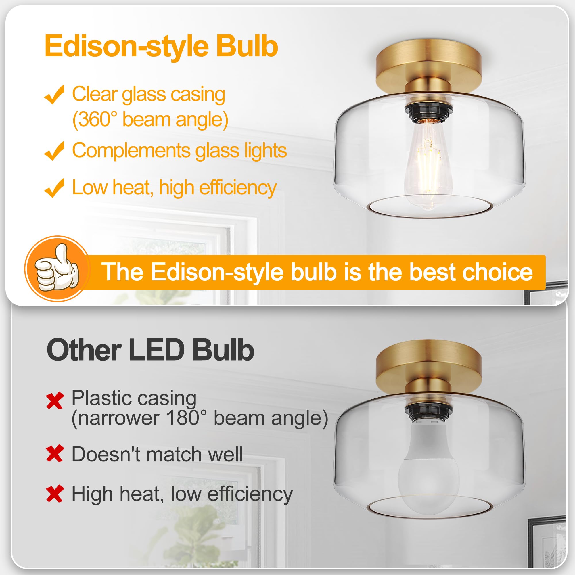 Lynnoland Industrial Semi Flush Mount Ceiling Light, 800 Lumen LED, Brushed Gold, Clear Glass Shade, Model N1900CL03