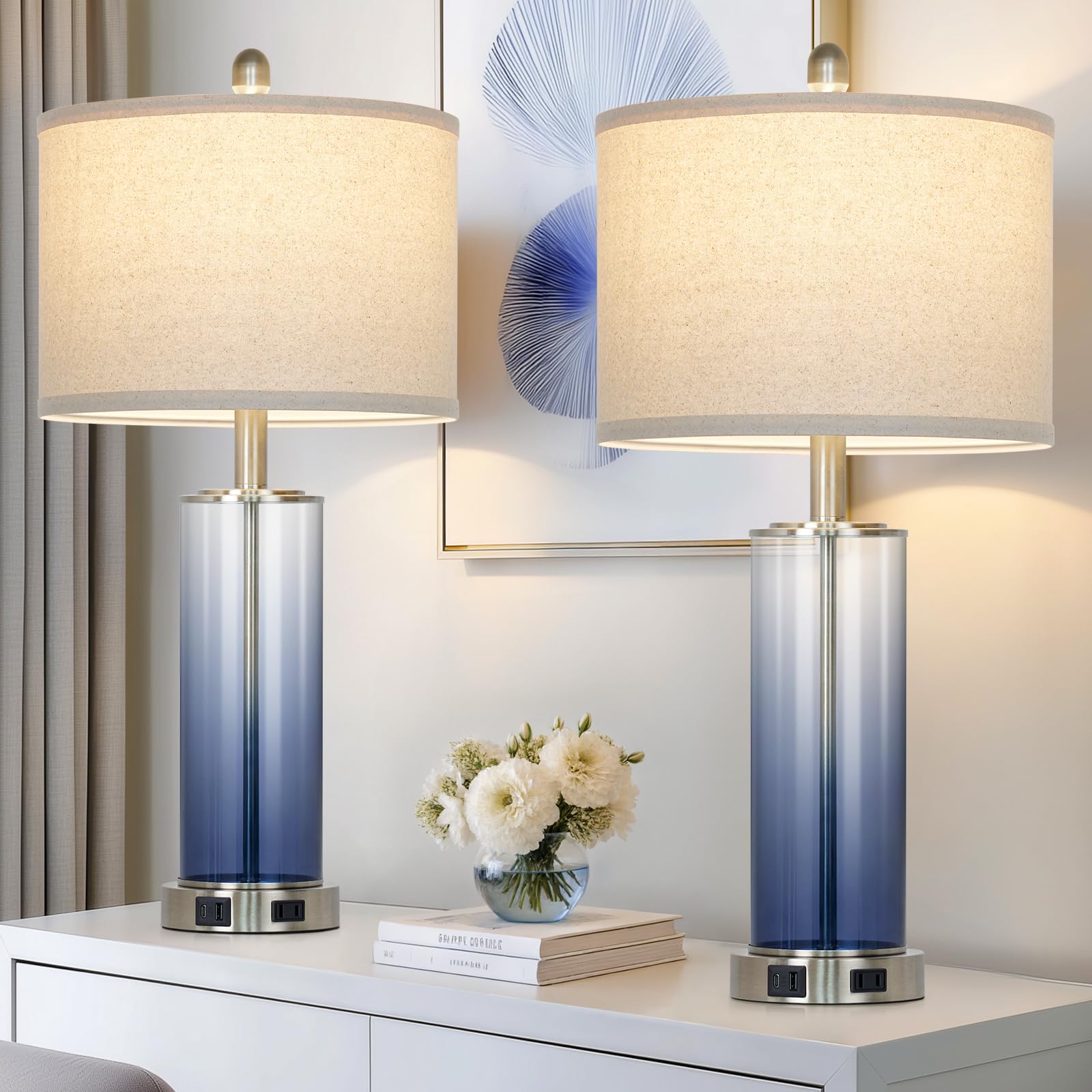 Ruzectt Coastal Blue Glass Table Lamps Set of 2, 3-Way Touch Control with USB Ports & AC Outlet, Elegant Nautical Design