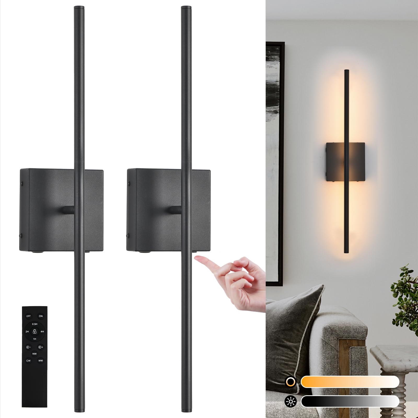 Ovyiech Battery Operated Wall Sconces Set Of 2, Black Rechargeable Wall Sconce With Remote Control, 3000K-6000K Dimmable Led Wir