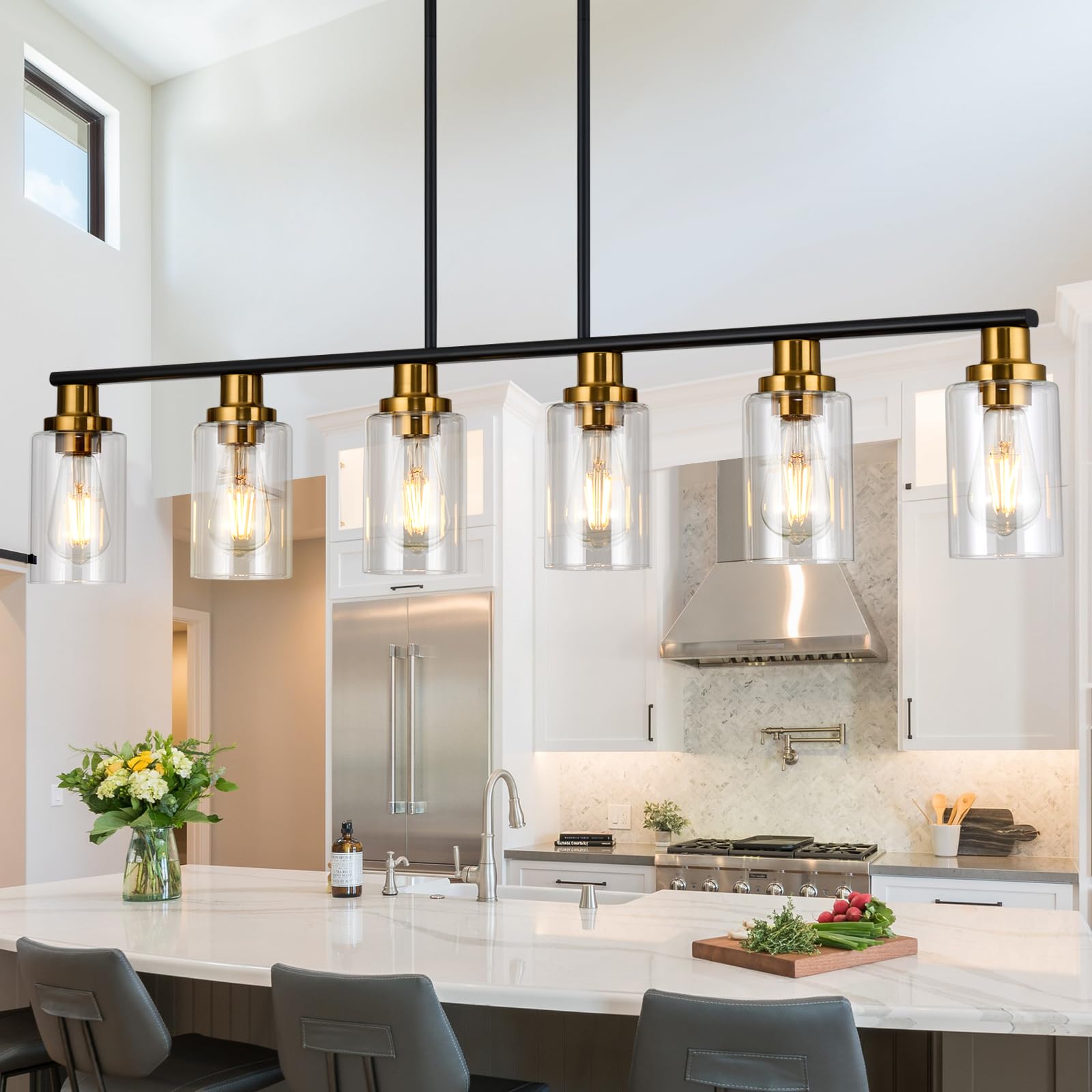 Kpiok Island Light For Kitchen, 6-Light Farmhouse Dining Room Light Fixture With Clear Glass Shade, 44.3'' Matte Black And Gold Linear Chandelier Pendant Lighting For Dining Table Kitchen Living Room