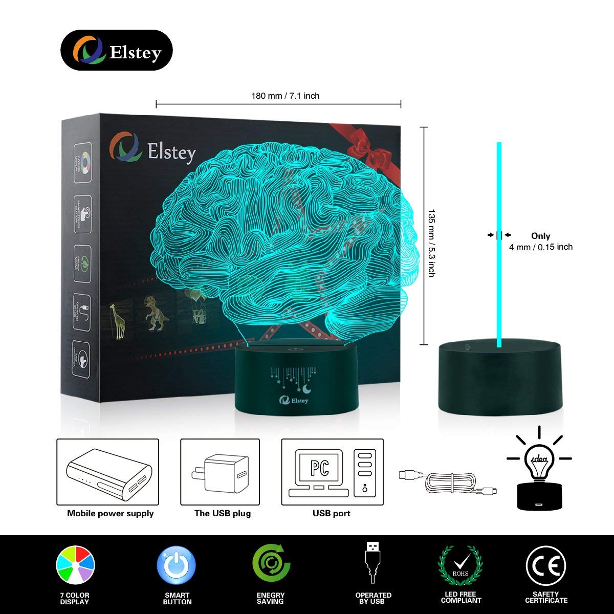 Elstey Brain 3D Night Light Table Desk Lamp, 7 Colors Optical Illusion Touch Control Lights with Acrylic Flat & ABS Base & USB C