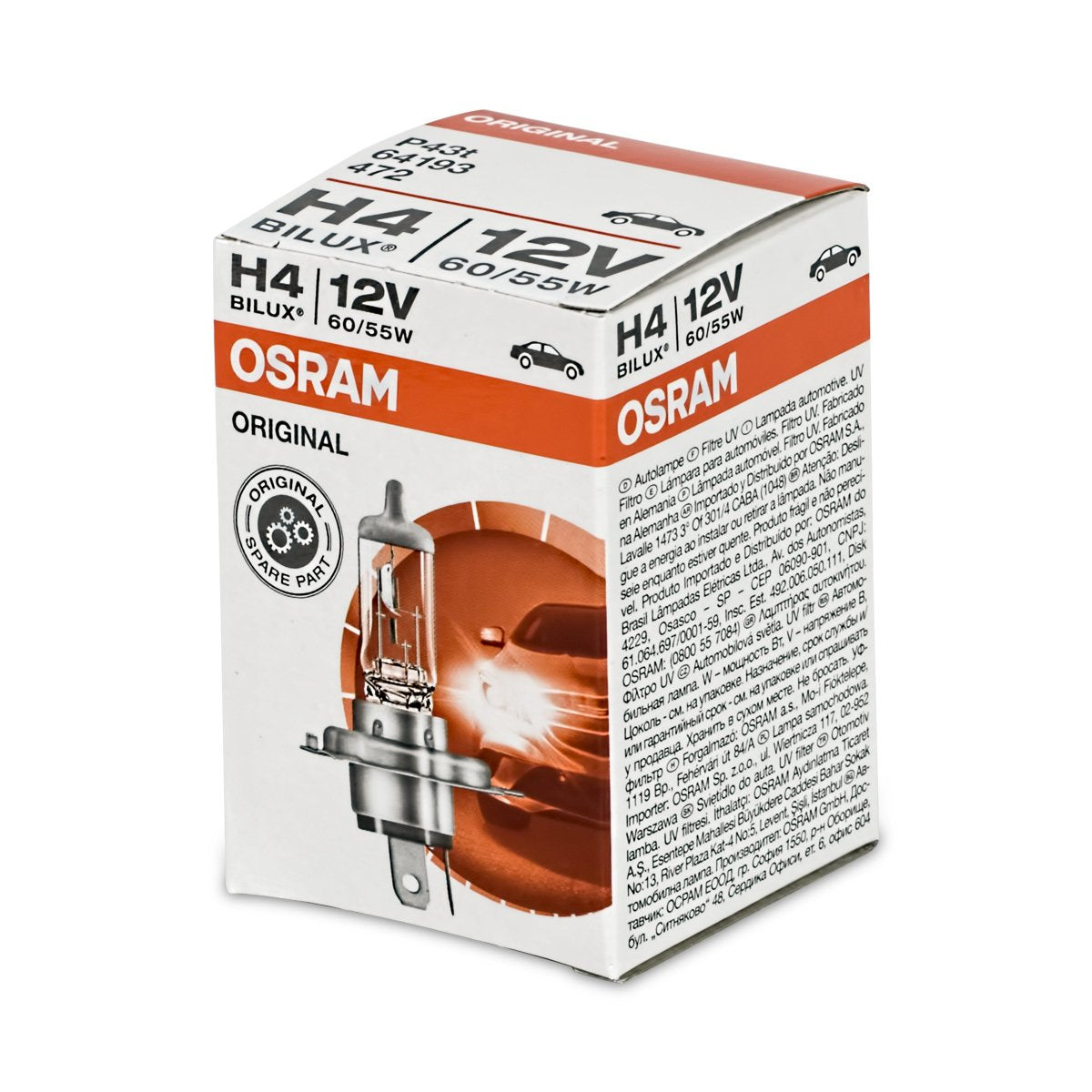 OSRAM H4 Halogen Bulbs, Pack of 2, Model 64193, Silver Color, Car Headlamp Light