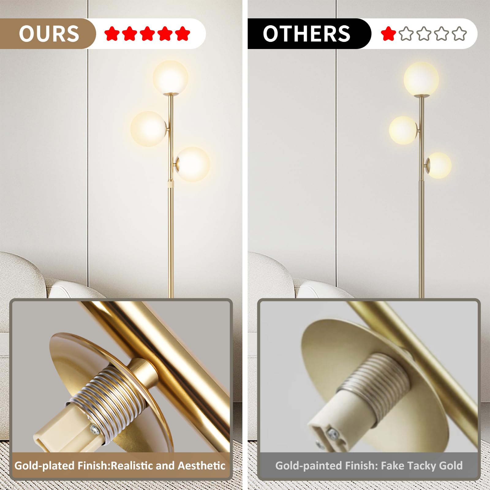 Vallerico 3-Globe Mid Century Modern Floor Lamps For Living Room, Adjustable Height Standing Lamp With Marble Base, Gold Tall La