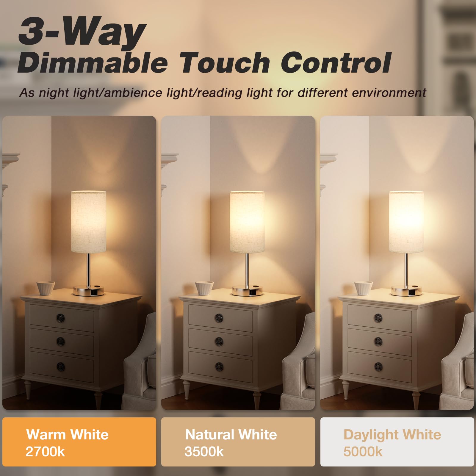 17.4Inch Bedside Touch Table Lamps For Bedroom Nightstand With Usb-C Usb-A Charging Ports White - 3 Way Dimmable Control Small L