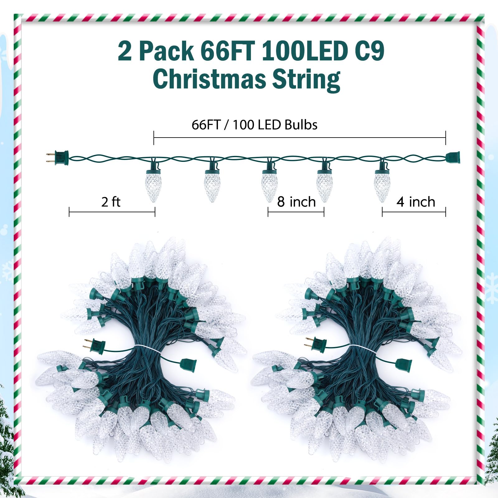 Brightown C9 LED Christmas String Lights, 200LED, 132ft, Waterproof, White, Plug-in for Outdoor Holiday Decor