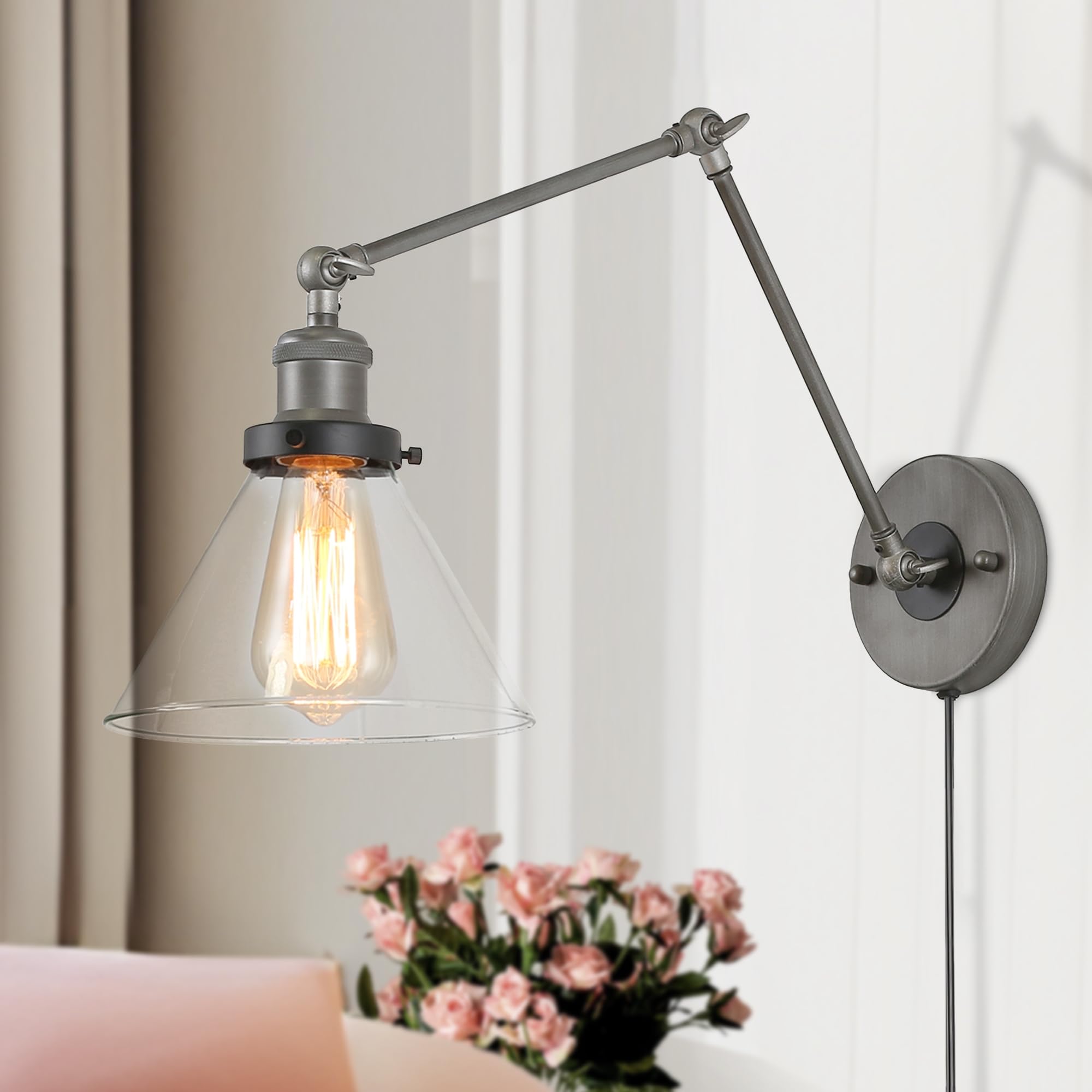 LALUZ Black Glass Wall Sconces Lighting, Modern Industrial Swing Arm Plug in or Hardwired Adjustable Wall Lamp with Brushed Silv