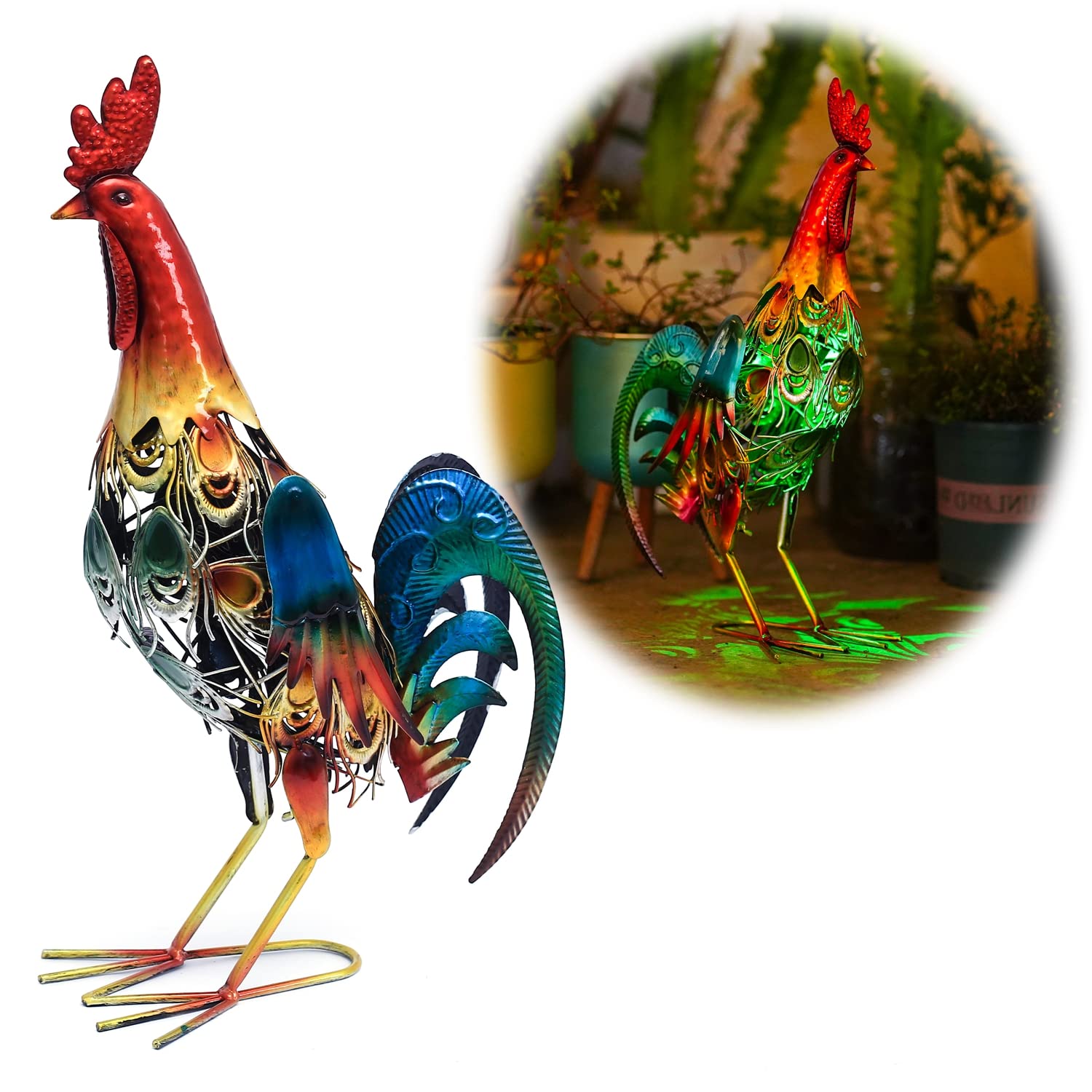 WDLFCGC 19 Inch Solar Rooster Statue  Metal Yard Art with Colorful Lights for Garden Lawn Outdoor Decoration Gifts