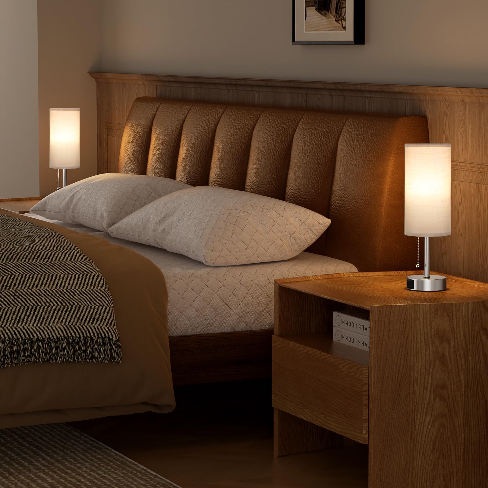 Silver Bedside Lamps For Bedroom Set Of 2 - Nightstand Table Lamp With Usb A + C Charging Port, 3 Color Temperatures Pull Chain