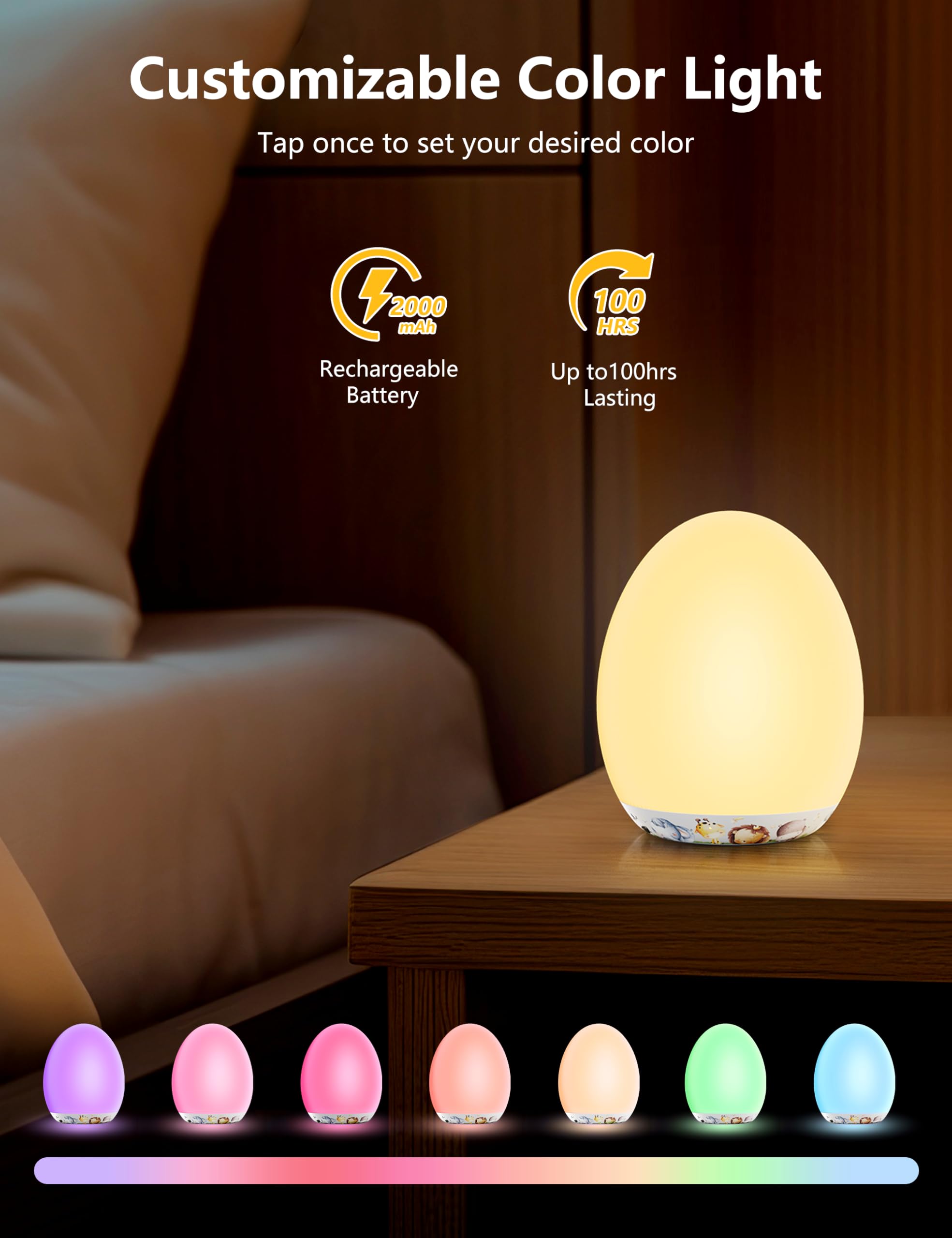 MediAcous Night Light for Kids, Rechargeable LED Touch Lamp, 7 Colors, Portable, Cartoon Design, Model NL01, Silicone, Nursery Decor