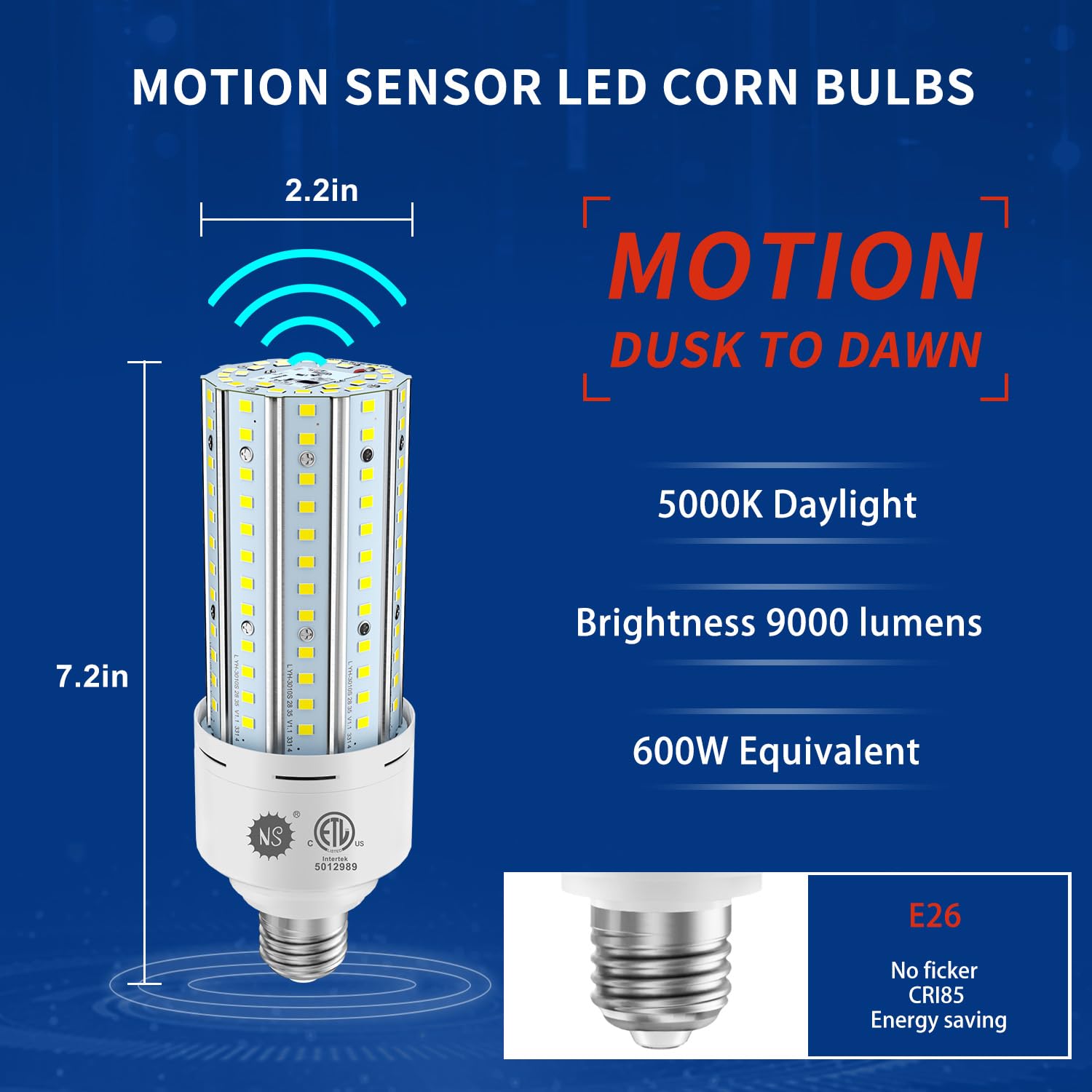 Ns 60W A19 Two Led Bulbs, 9000Lm Daylight (5000K) | Motion Sensor + Dusk-To-Dawn Auto On/Off | E26 Base,For Stairway, Hallway, P