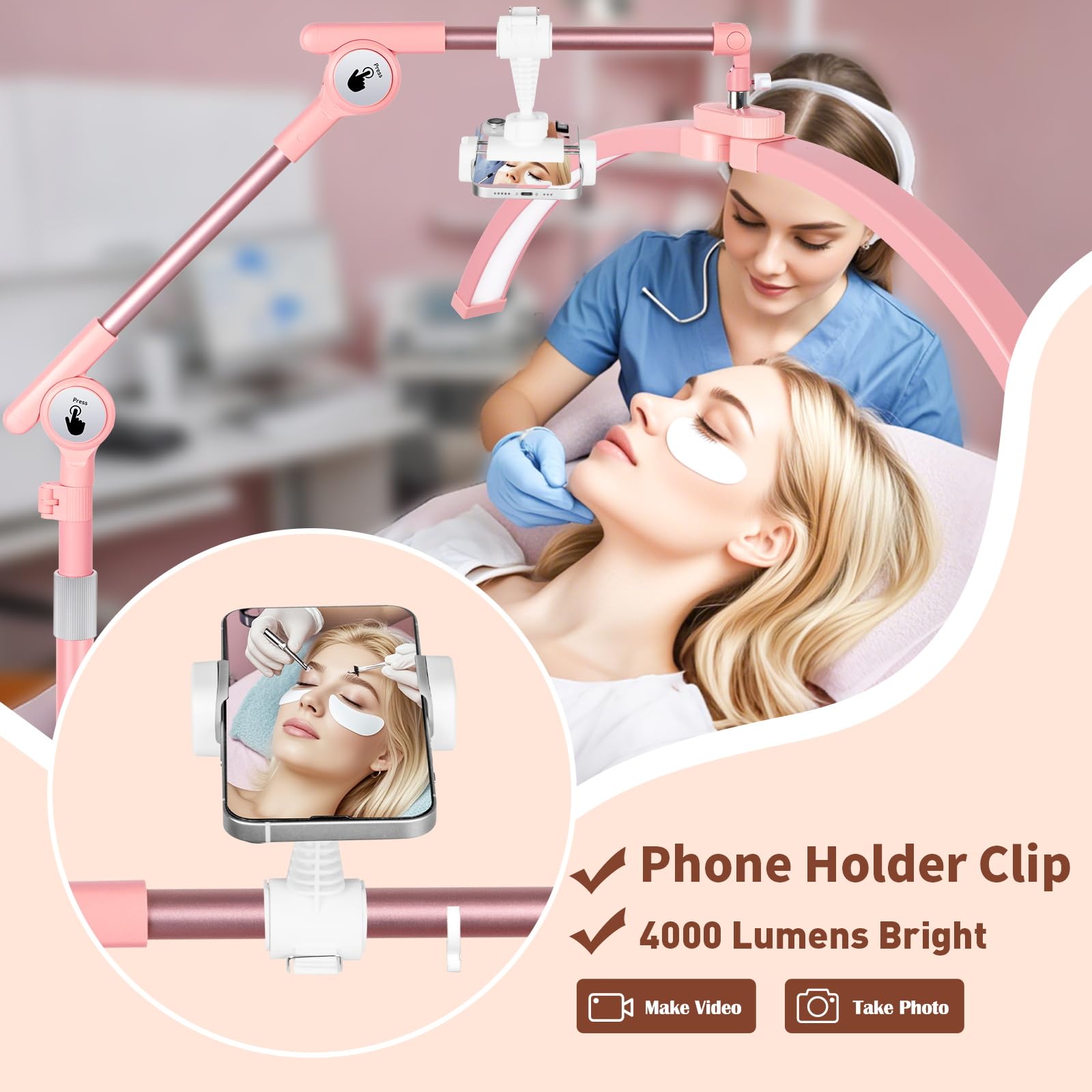 Hitti Half Moon Light For Eyelash Extensions Tattoo Artists  2025 New Upgrad Led Lash Tech Light With 4 Wheel Rolling Base  Large Floor Lamp 5 Color Modes Stepless Dimming & Phone Holder-Pink