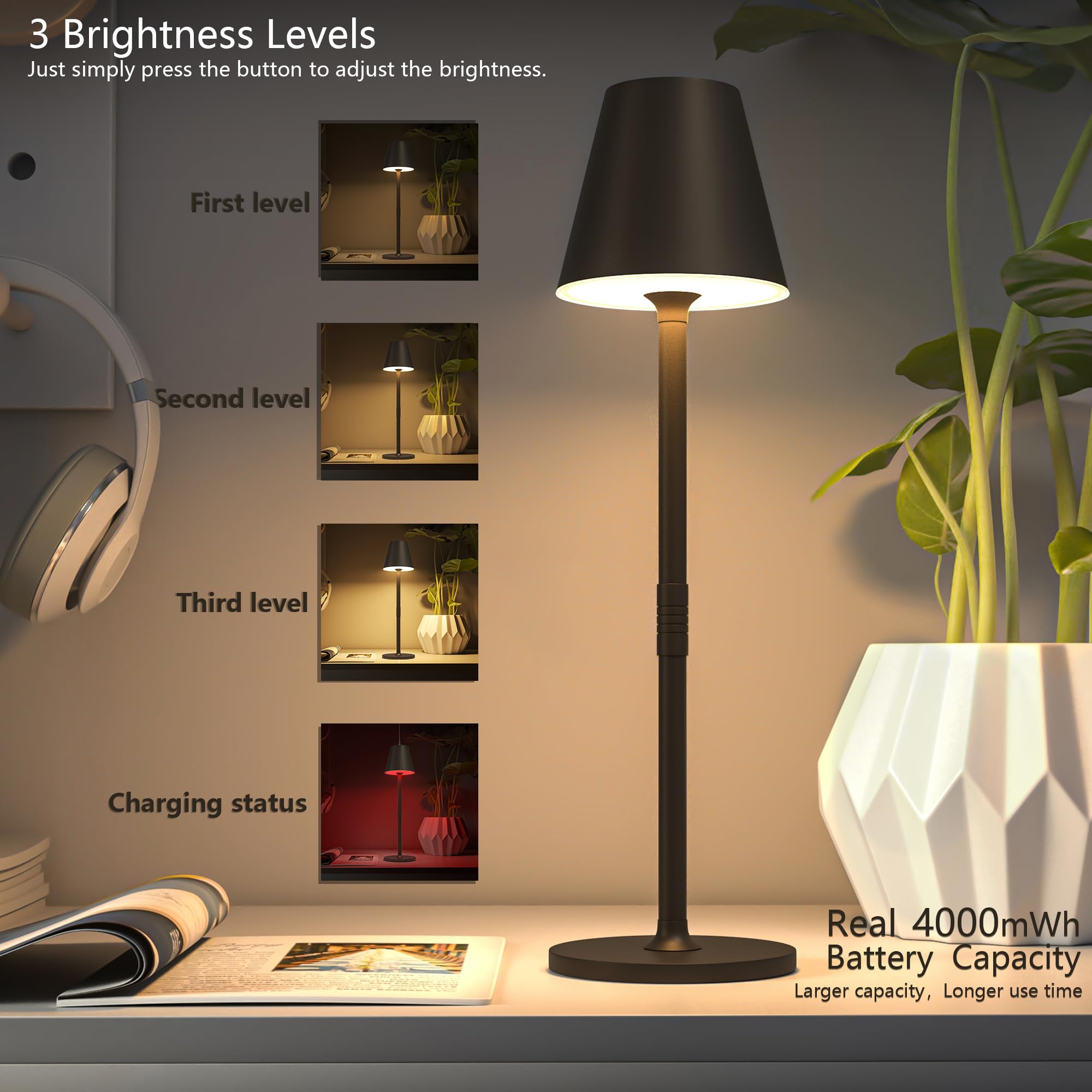 Timjorman LED Cordless Table Lamp, 4000mAh Rechargeable, 3-Level Brightness, Minimalist Design, Kahaki, 4-Pack