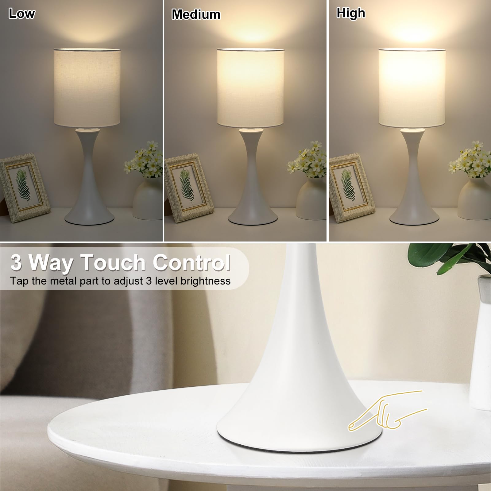 Modern Table Lamps, 3 Way Touch Control Table Lamp, Dimmable Desk Lamp, White Nightstand Lamp With Fabric Shade, Small Bedside L