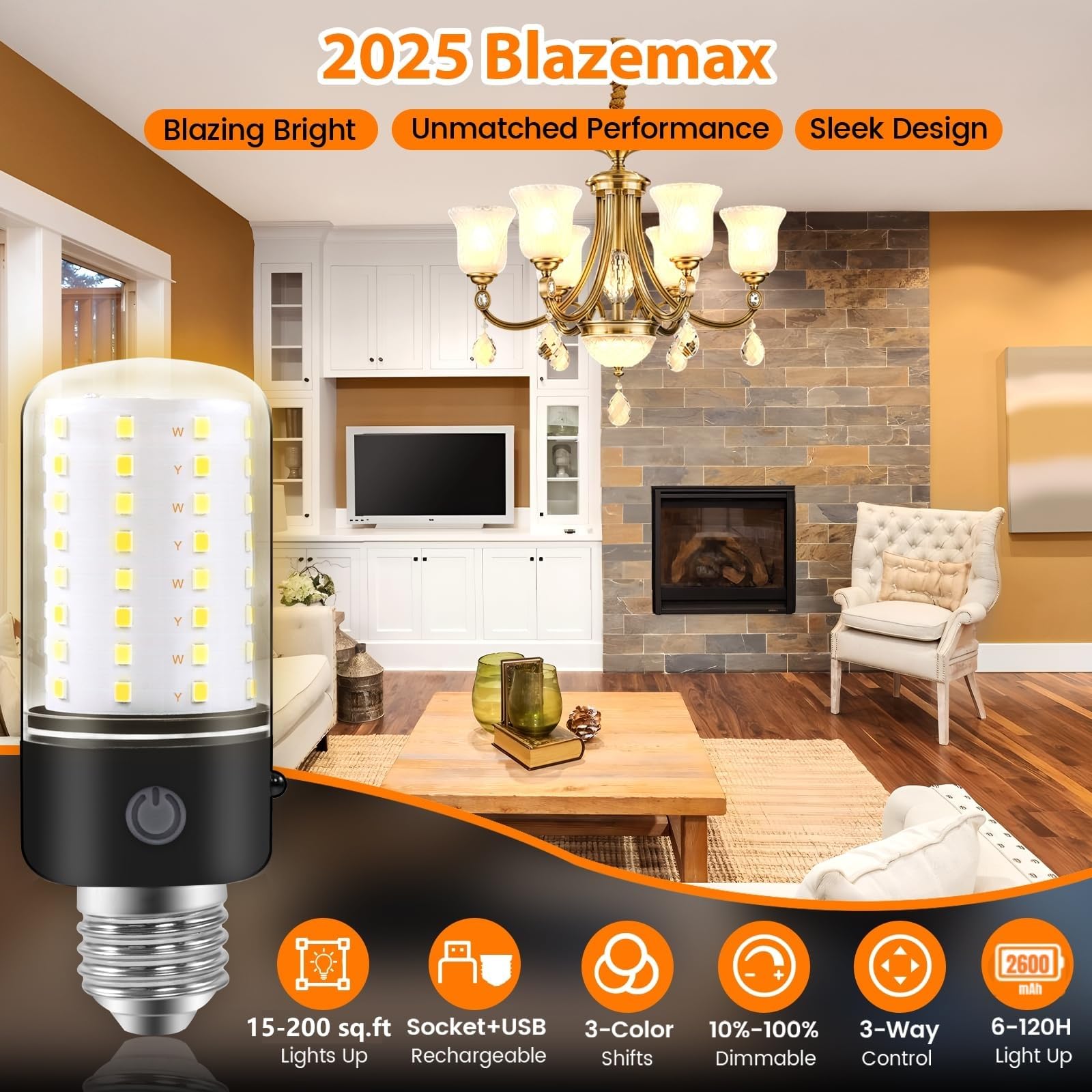 Neporal BlazeMax Rechargeable Light Bulb - Dimmable, 3-Color Shifts, ABS Material, 1 Pack, Soft White/Daylight/Cool White