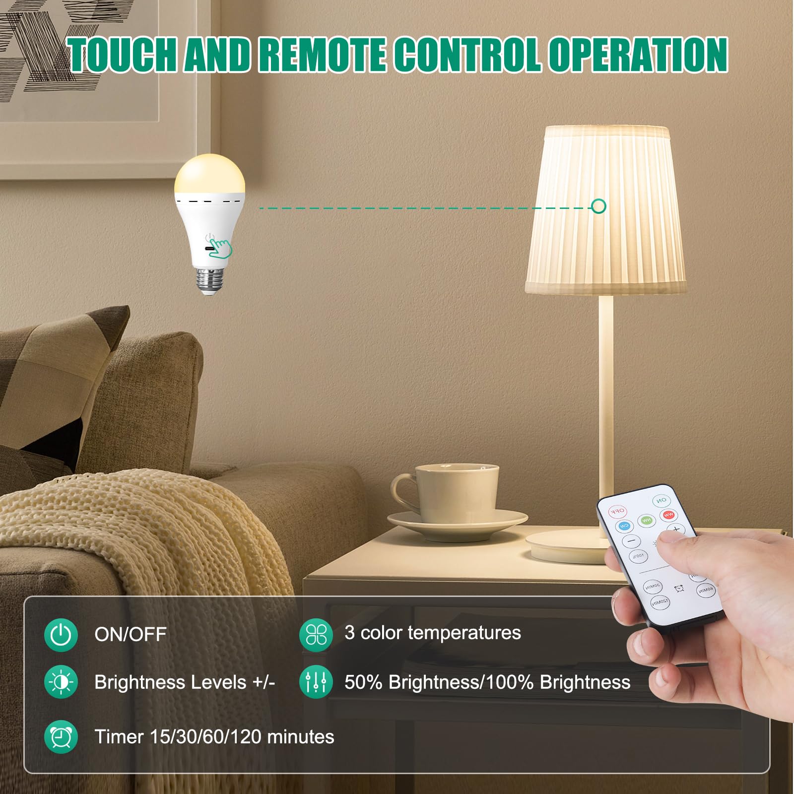 Bailoch Wireless Rechargeable Light Bulbs With Remote, 1Pack Led Cordless Battery Operated Light Bulbs For Lamps, E26 Battery Po