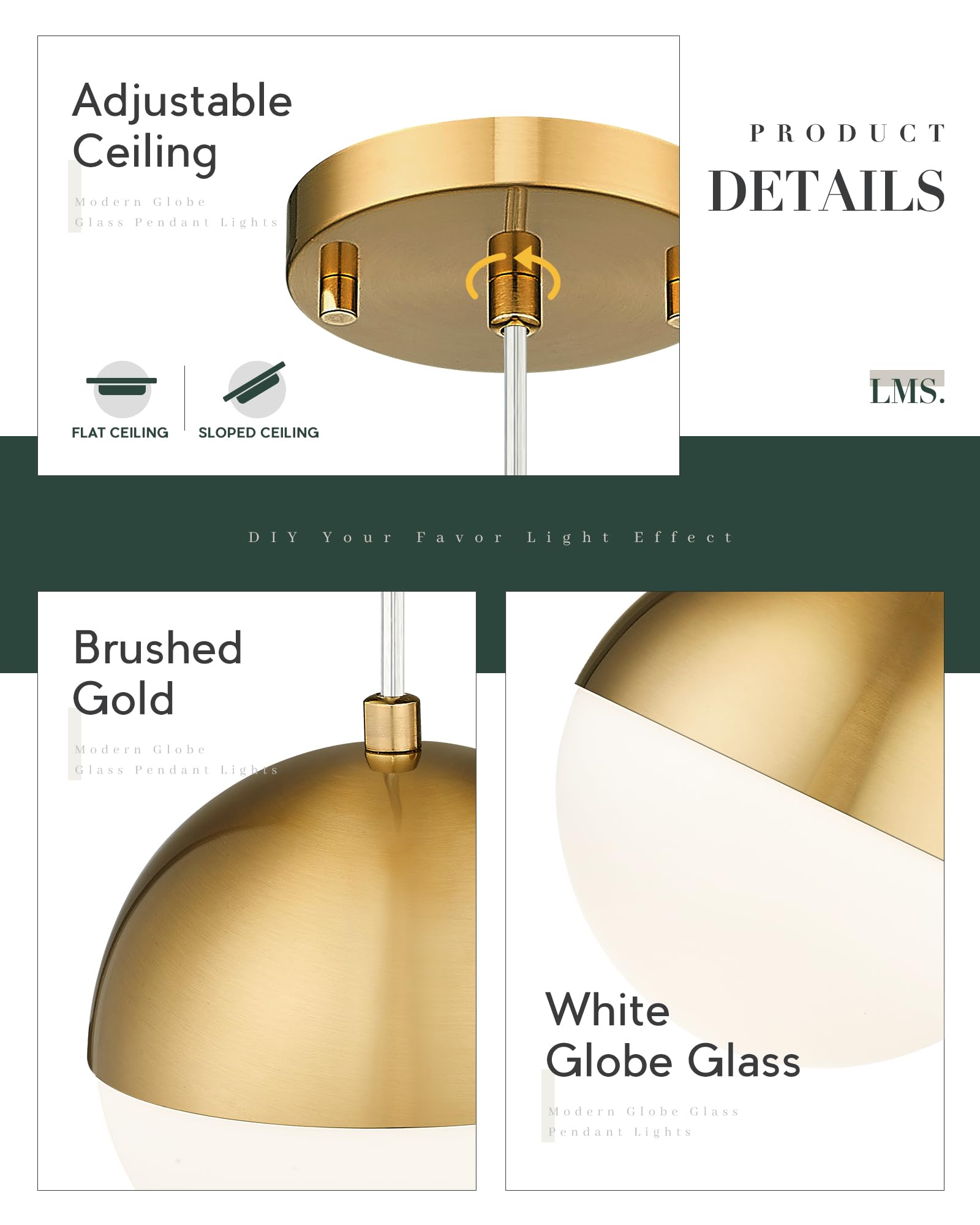 Lms Mid Century Pendant Lights, Brushed Gold Kitchen Island Light Fixtures With White Globe Glass Shade, Adjustable Hanging Cord