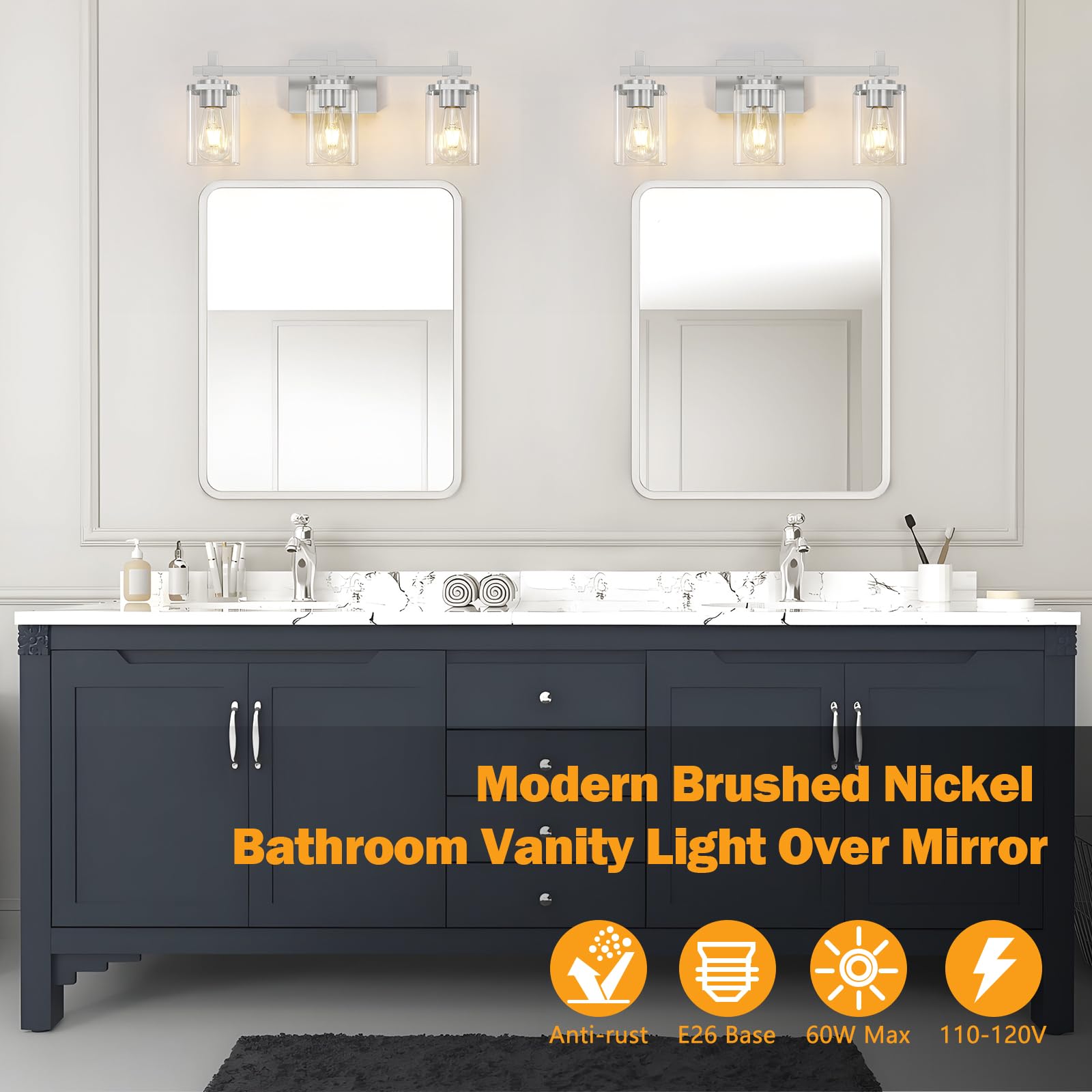 Spiglamm Brushed Nickel Bathroom Light Fixtures, 3-Lights Bathroom Vanity Light With Glass Shades, Modern Vanity Lights For Mirr