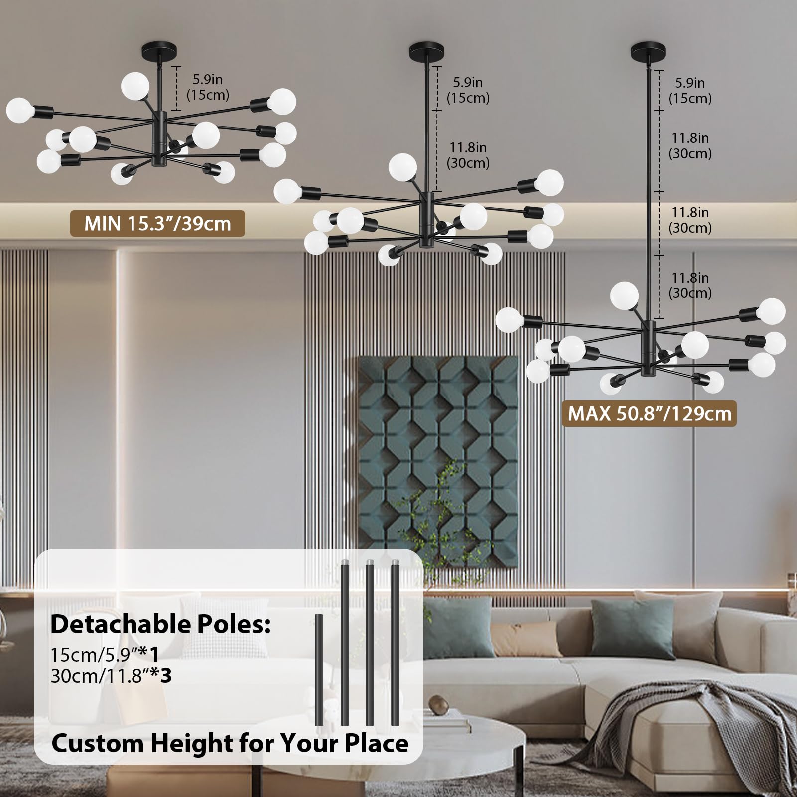 Kaisite Modern Sputnik Chandelier Ceiling Light Fixture 12-Light Black Farmhouse Chandelier Dining Room Chandelier Over Table He