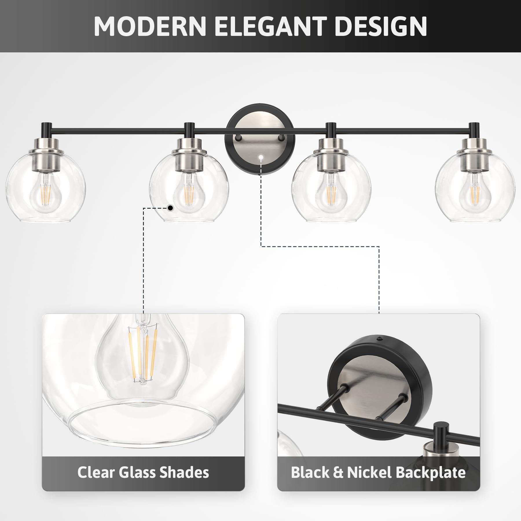 VONLUCE 4-Light Vanity Light Fixtures with Globe Glass Shades, Brushed Nickel Finish, Model HCF-15Y4-NB, Ideal for Bathroom, Bedroom, Hallway