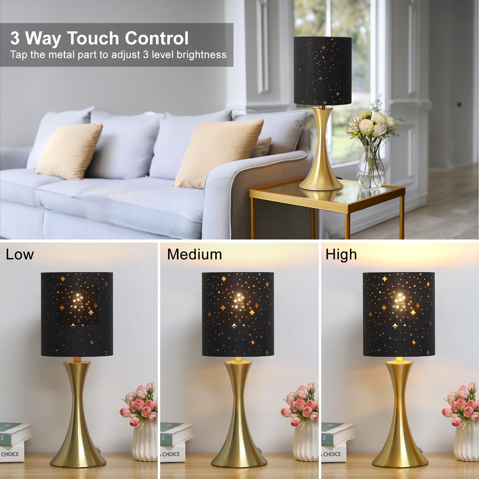 Touch Lamp For Bedroom, 3 Way Dimmable Gold Table Lamp With Black Starry Shade, Decorative Nightstand Lamp Ambient Beside Light