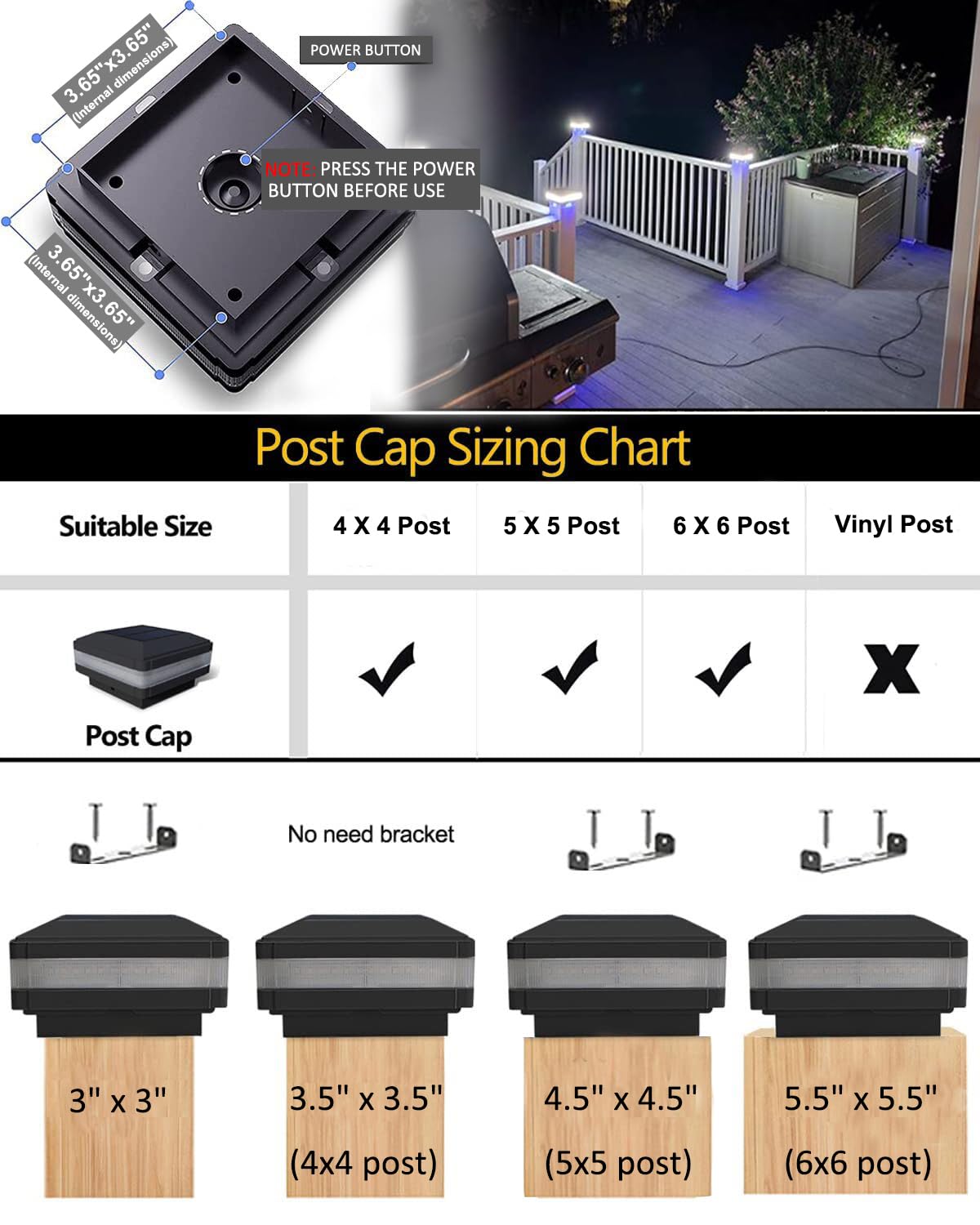 INDARUN Solar Post Cap LED Lights, 4x4 5x5 6x6, Waterproof Landscape Lighting, 6500K White Light, Black, Model WS142B