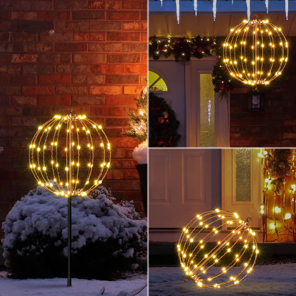 LIGHTSHARE 12IN 96LED Light Ball Light Garden Yard Decoration Pathway Lights Sphere Light with Fold Flat Metal Frame Indoor Outd