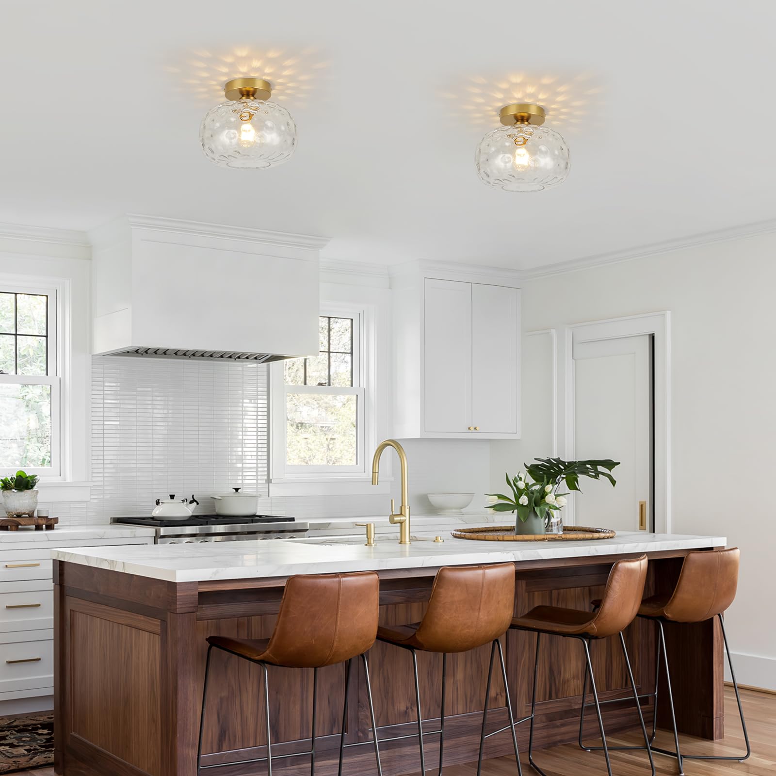 Wilon Modern Gold Semi Flush Mount Ceiling Light - Kitchen Ceiling Light Fixture 9.84'' Hammered Clear Glass Shade Hallway Light