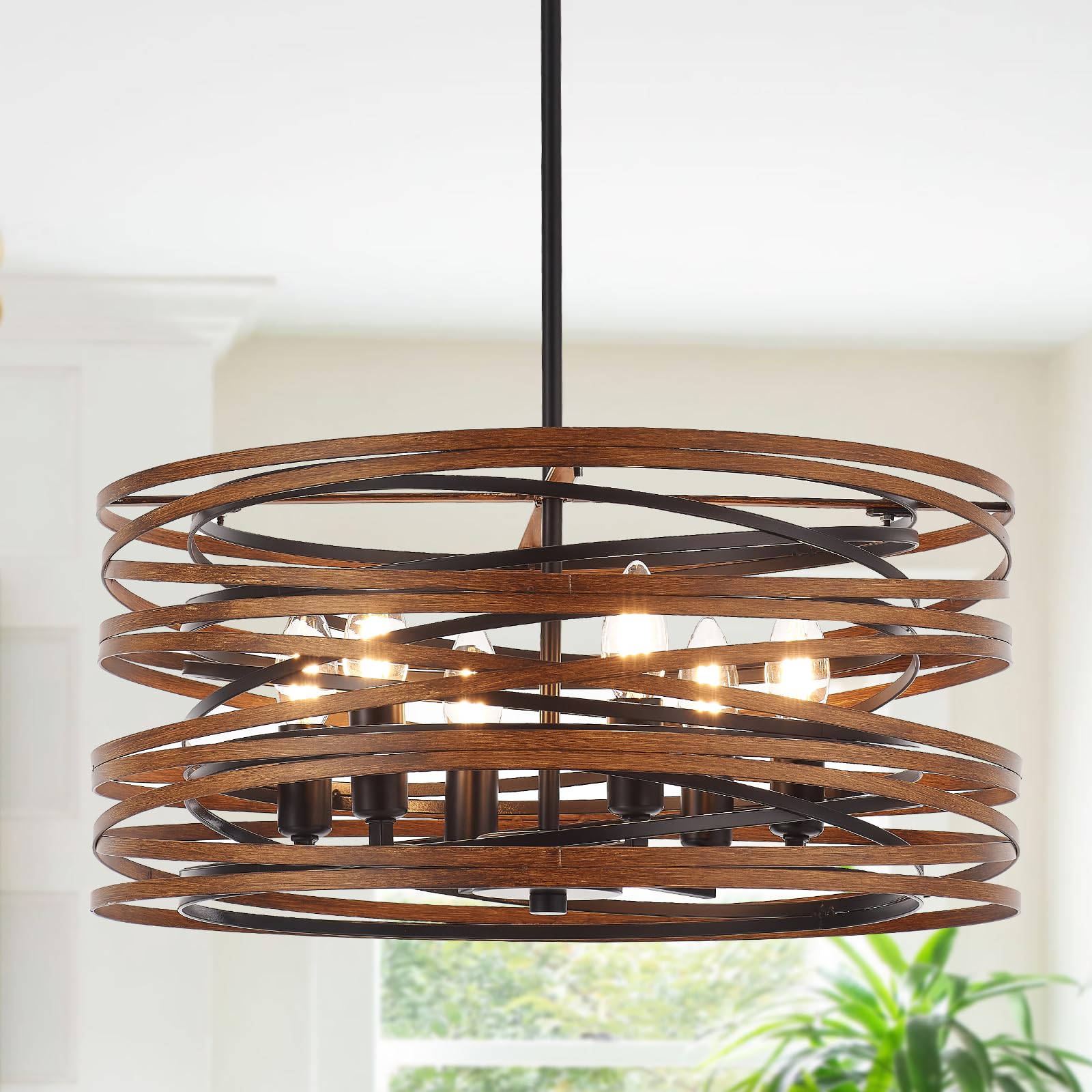 YOMECOO 19.7'' Drum Chandelier Light Fixture Vintage Farmhouse 6-Lights Black Chandelier with Wooden Finish Industrial Rustic Dr