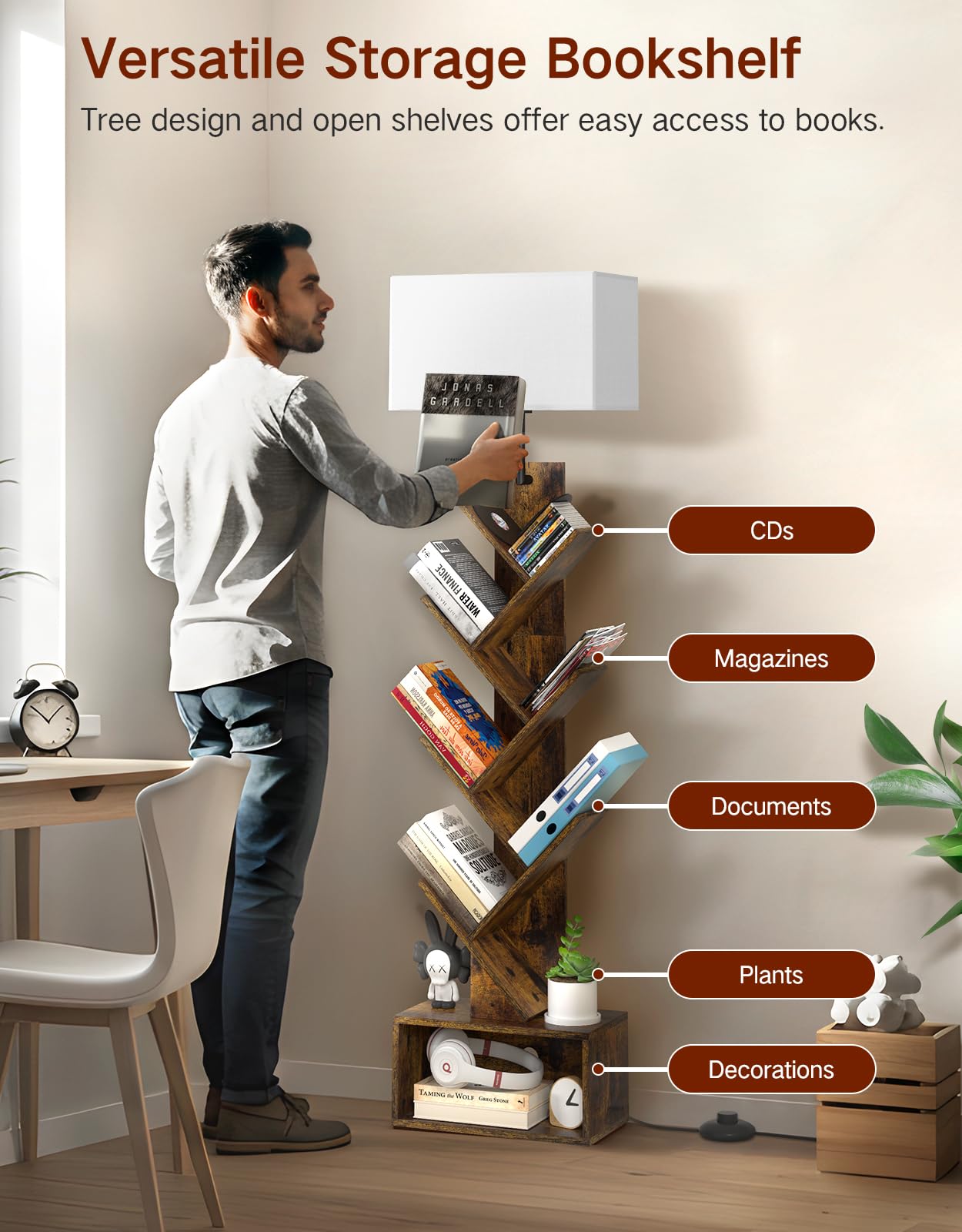 OUTONLIFE 6 Tier Tree Bookshelf, Rustic Brown Wood, 56.7"H x 14.6"L x 7.9"W, Modern Design with Light, Remote & Timer