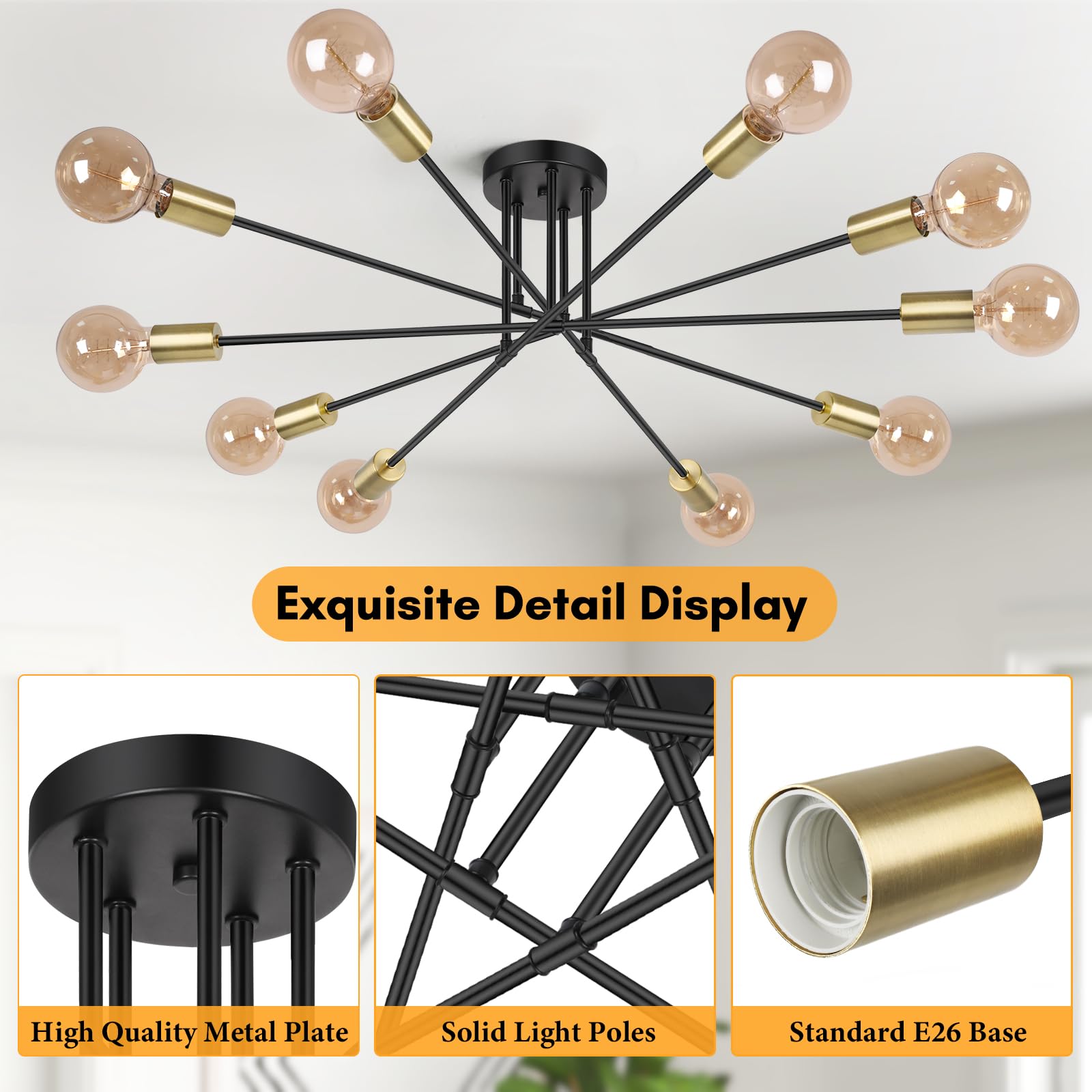 Semi Flush Mount Ceiling Light Fixture, 10-Light Modern Black And Gold Sputnik Chandelier Industrial Ceiling Lamp For Kitchen Di
