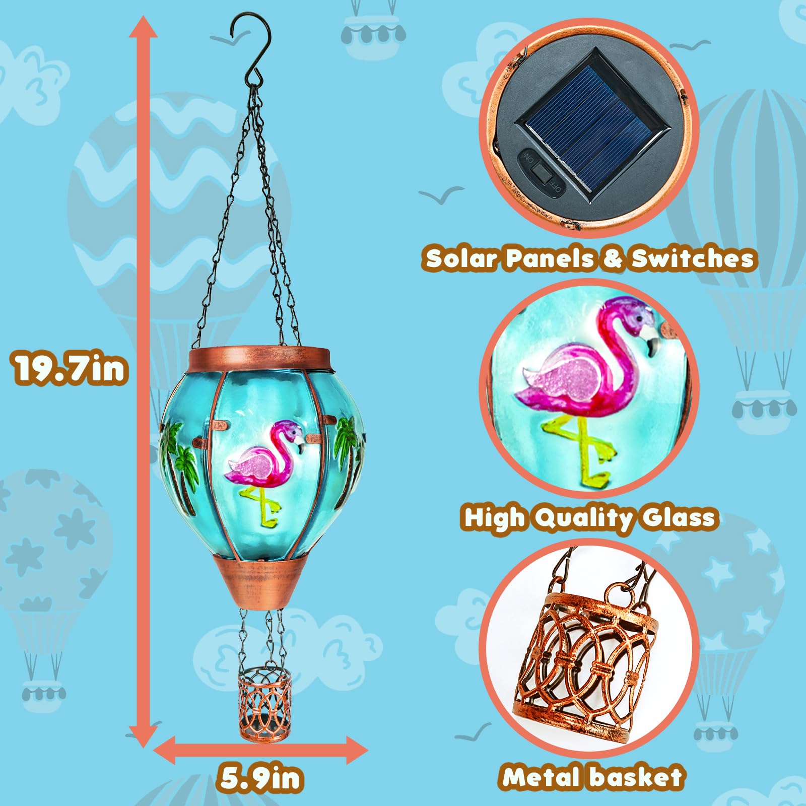 Flamingo Solar Hot Air Balloon Lantern, Outdoor Decor With Flame Lights Waterproof, Hanging Lights For Garden Yard Lawn Patio, U