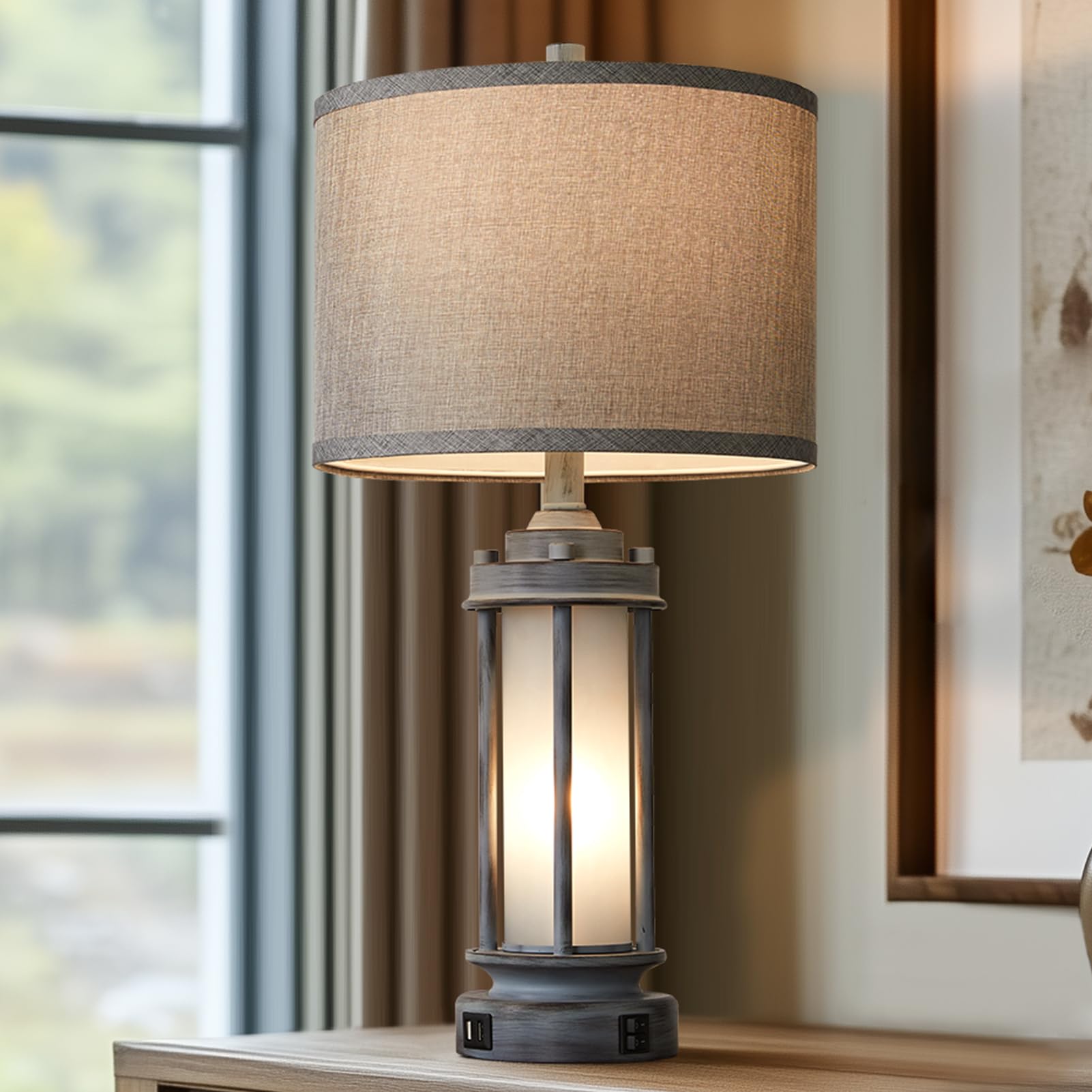 25'' Farmhouse Table Lamp With 2 Usb Charging Ports, Rustic Vintage Nightstand Lamp With Frosted Glass Nightlight, Retro Desk La