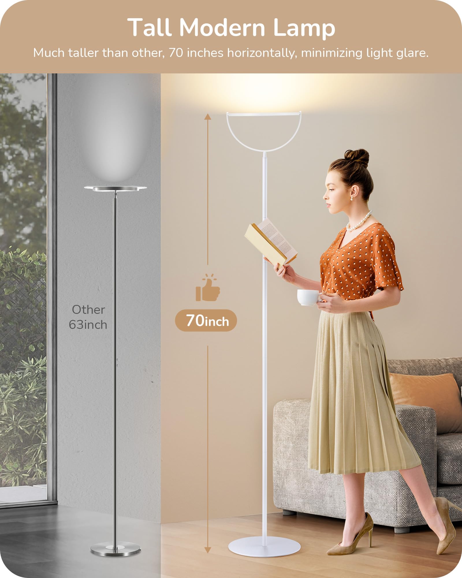 EDISHINE 76in Tall Floor Lamp, 28W 2500LM LED, Dimmable 2700K-6500K, Modern White Torchiere with Remote, Model H