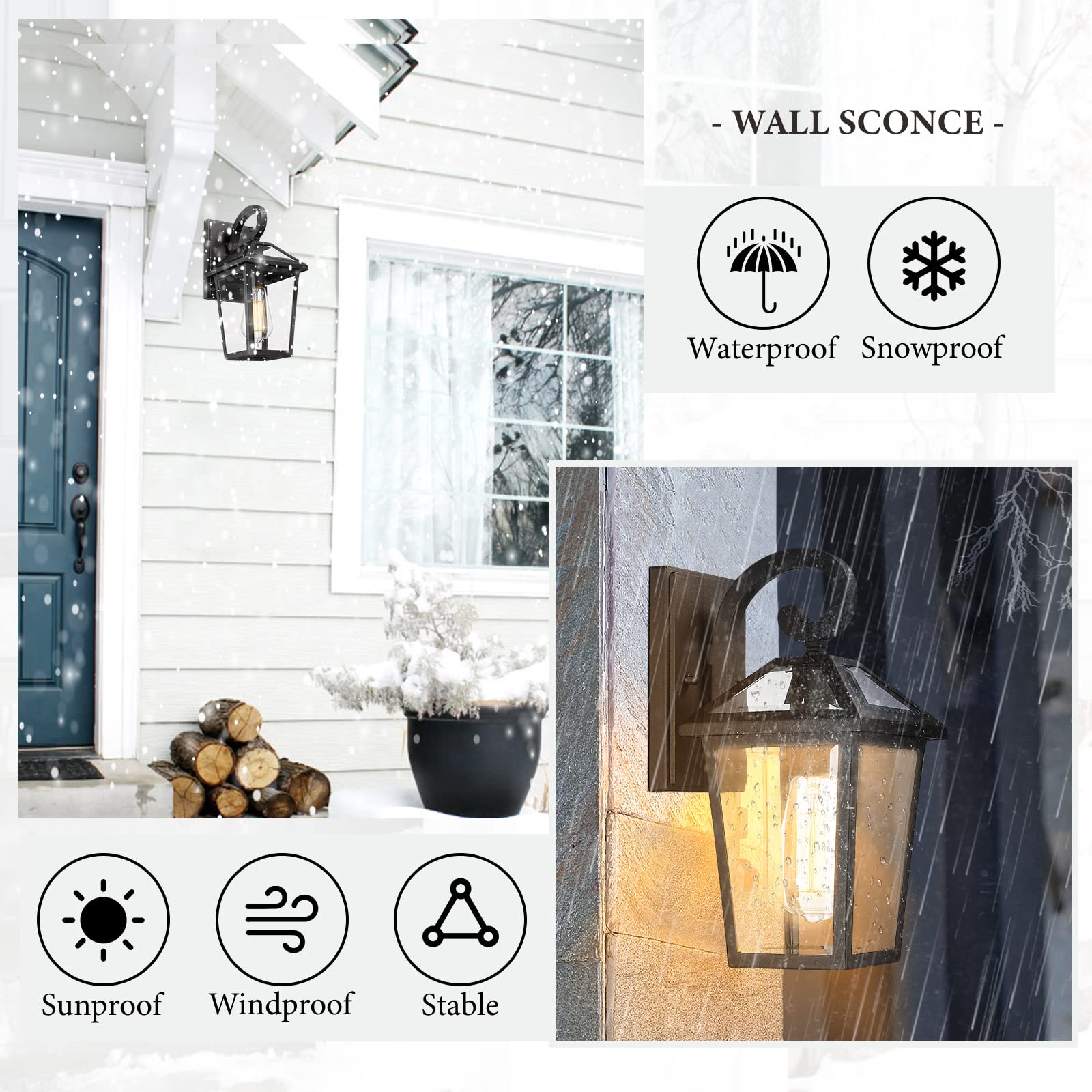 Luminzone Waterproof Outdoor Wall Lanterns - Black Glass Sconces (Small, 2 Pack)