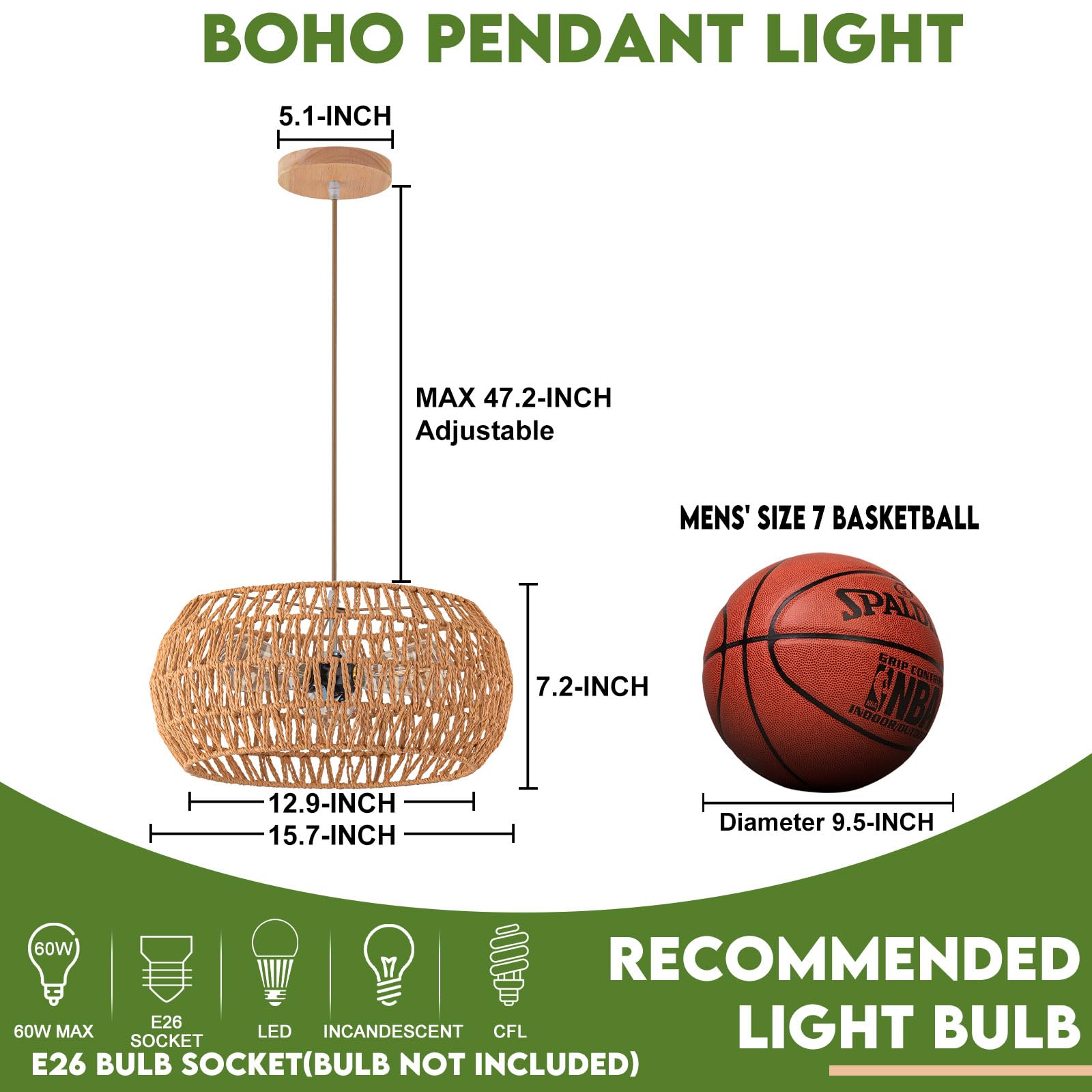 Rattan Light Fixture Dinning Room Pendant Light Boho Chandelier Hanging Light Ceiling Mount Hand Woven Lamp Shade 3-Light Drum C