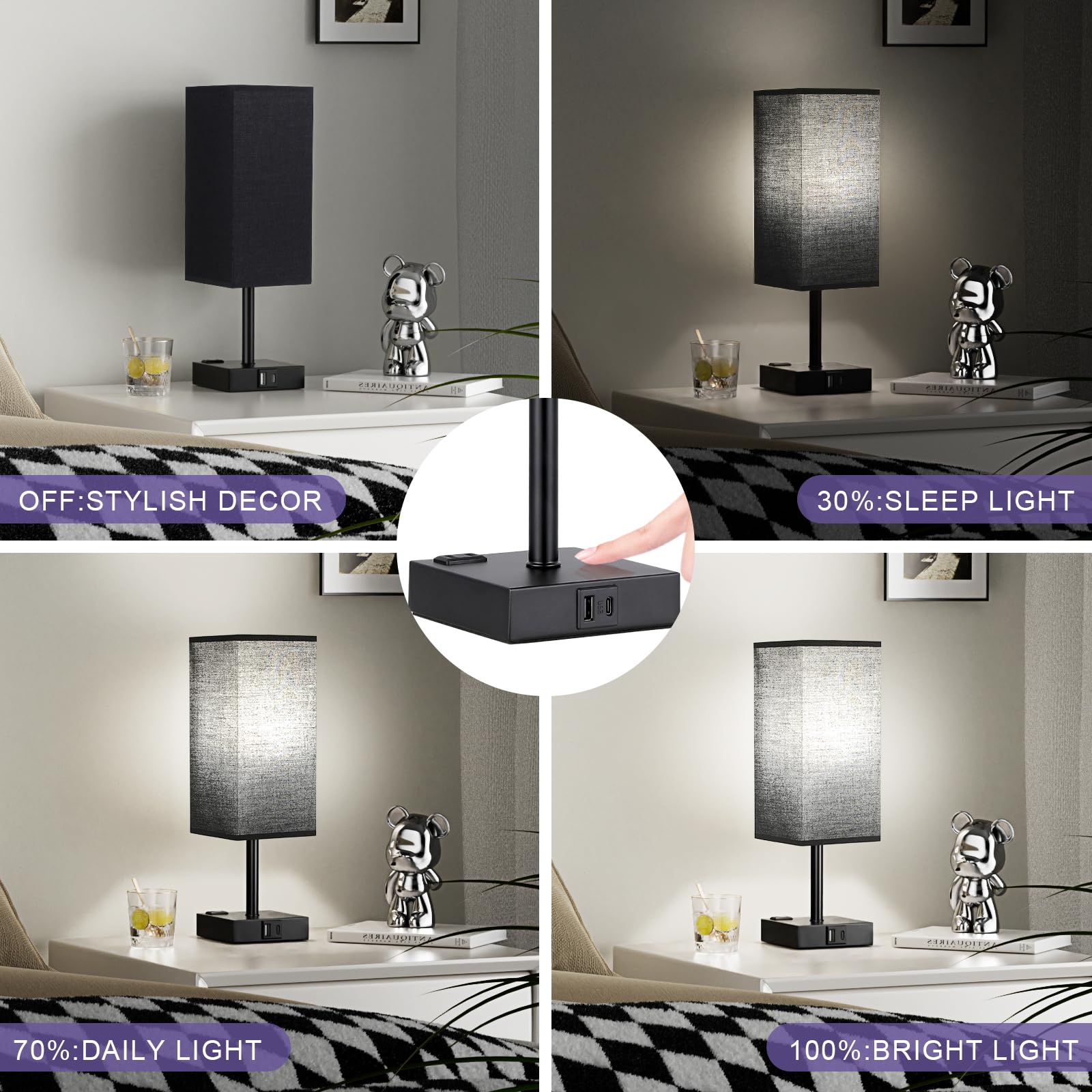 aooshine Black Touch Lamp with USB-C & AC Outlets, 800 Lumens, 14.0 in, Linen Shade, Square Design for Bedroom & Office