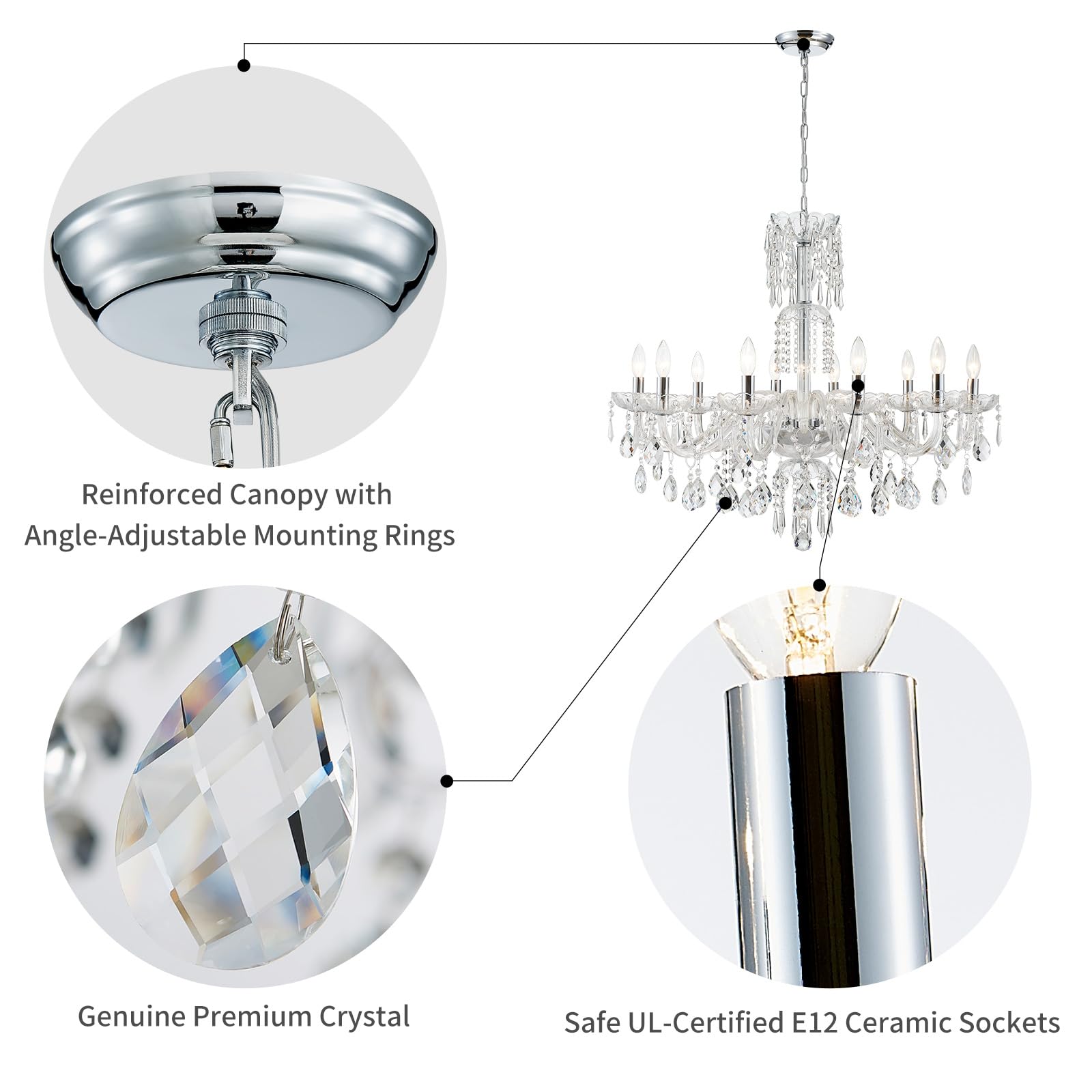 Wuzups 10-Light Crystal Candle Chandelier Pendant Ceiling Light Modern Lighting Fixture For Bedroom Hallway Bar Kitchen Bathroom  H 26.7 W 33.9  E12 Base  Chrome