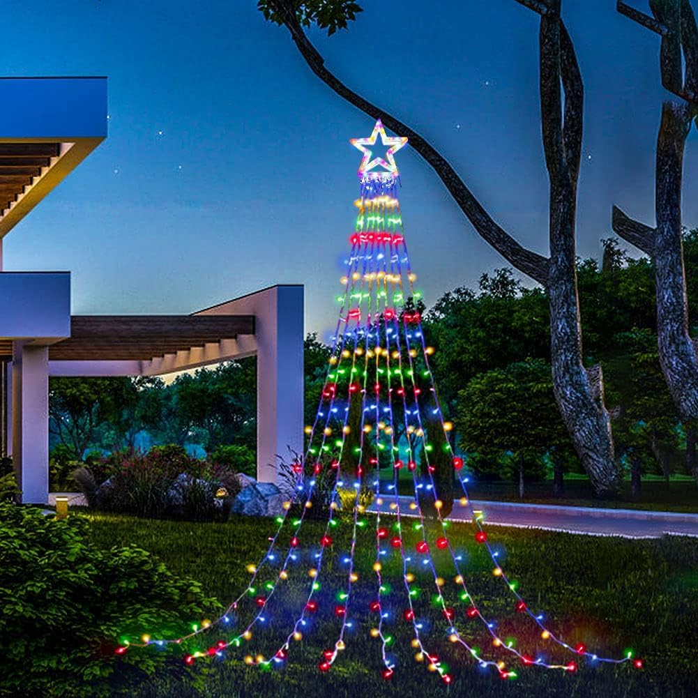 Christmas Decorations Star String Lights,320 LED Outdoor Christmas Tree Lights with 13'' Topper Star,8 Modes Waterproof Hanging 