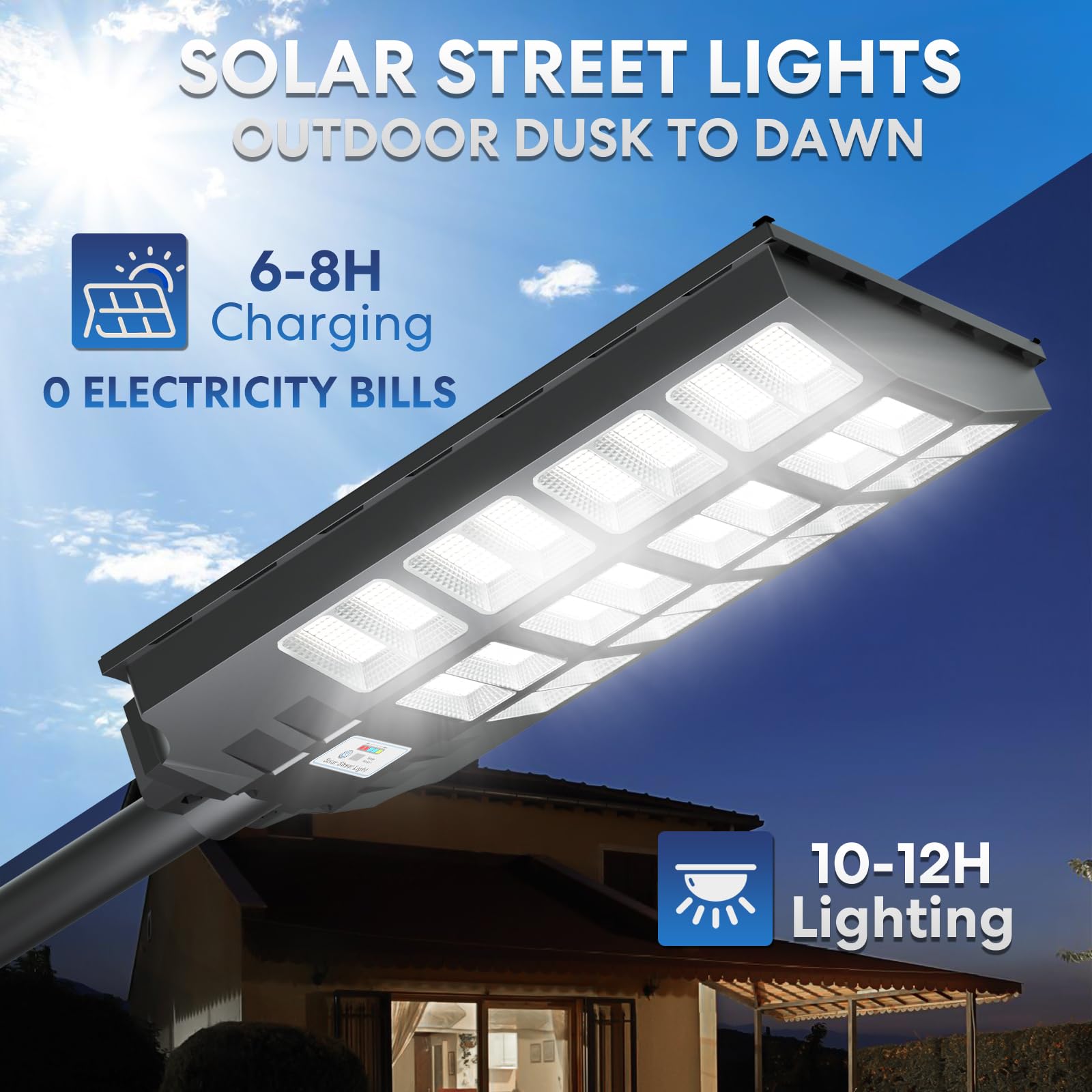 VOOJOY 8000W Solar Street Lights - Waterproof Dusk to Dawn with Motion Sensor & Remote Control, Black, Model BM1200