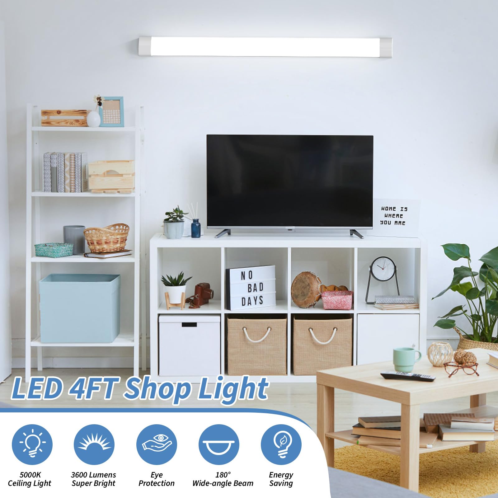 Airand LED Shop Light 4FT, 36W, 5000K, Utility Linkable, White, Aluminum, Corded with Plug and ON/Off Switch