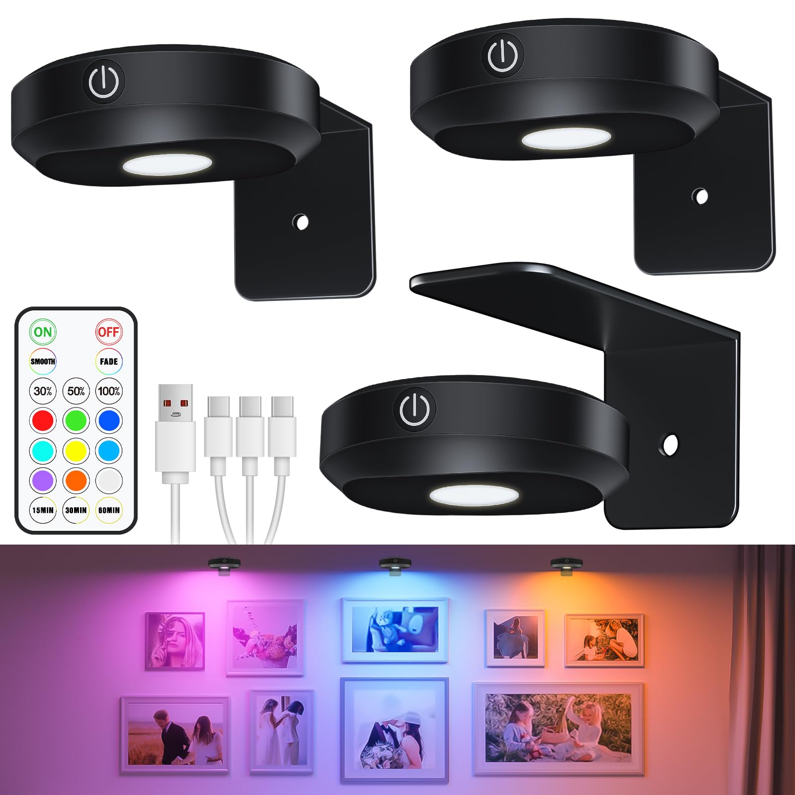 WILLED RGB Picture Lights, Battery Operated, Dimmable & Timer, Wide Beam, Model WUS-047, Color: Black RGB